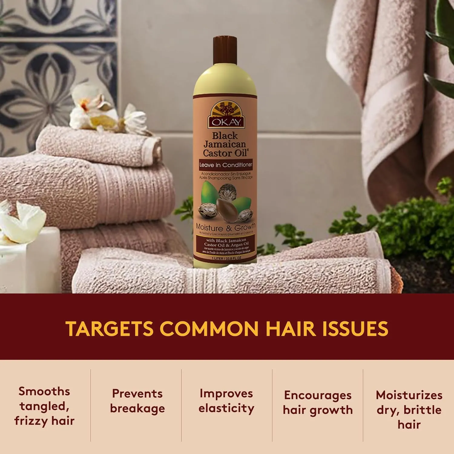 Okay Black Jamaican Castor Oil Leave In Conditioner - Hair Moisturizer for Women and Men, Natural Hair Product Curly Grease for Smooth, Moisturized Feel - 33.8 oz (Pack of 1)