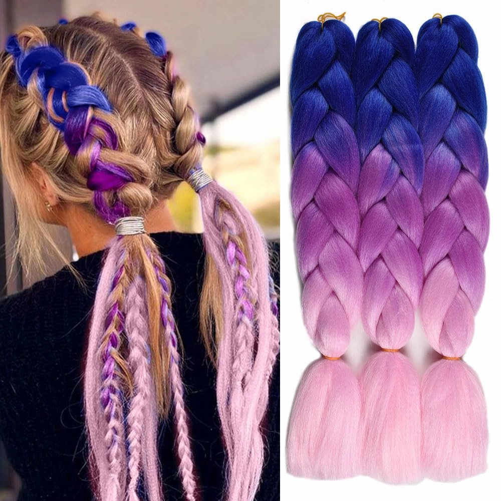 Ombre Braiding Hair 24 Inch Jumbo Braid Hair Extensions 3Pcs Pre Stretched High Temperature Crochet Braiding Hair for Boxes Crochet twist Hair (Blue/Purple/pink)