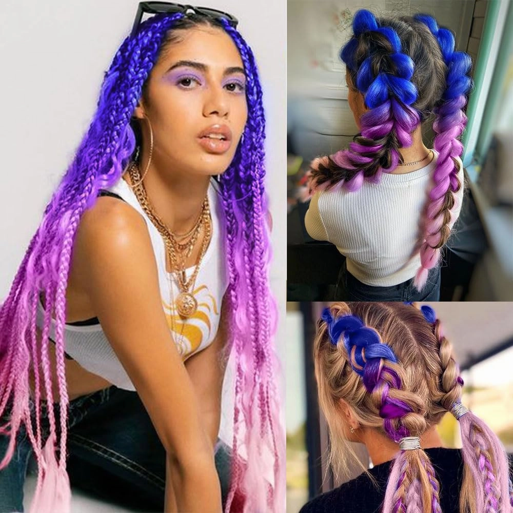 Ombre Braiding Hair 24 Inch Jumbo Braid Hair Extensions 3Pcs Pre Stretched High Temperature Crochet Braiding Hair for Boxes Crochet twist Hair (Blue/Purple/pink)