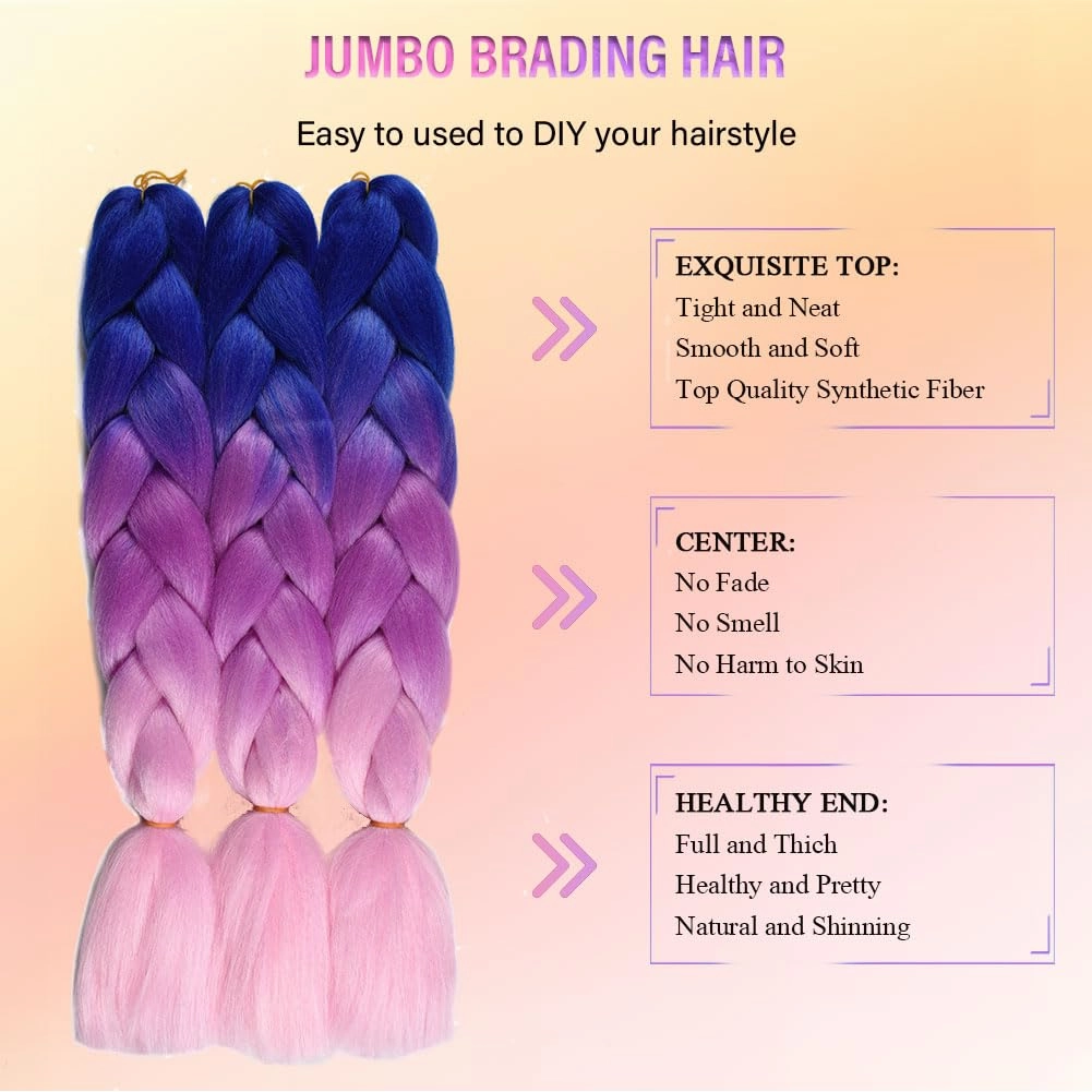 Ombre Braiding Hair 24 Inch Jumbo Braid Hair Extensions 3Pcs Pre Stretched High Temperature Crochet Braiding Hair for Boxes Crochet twist Hair (Blue/Purple/pink)