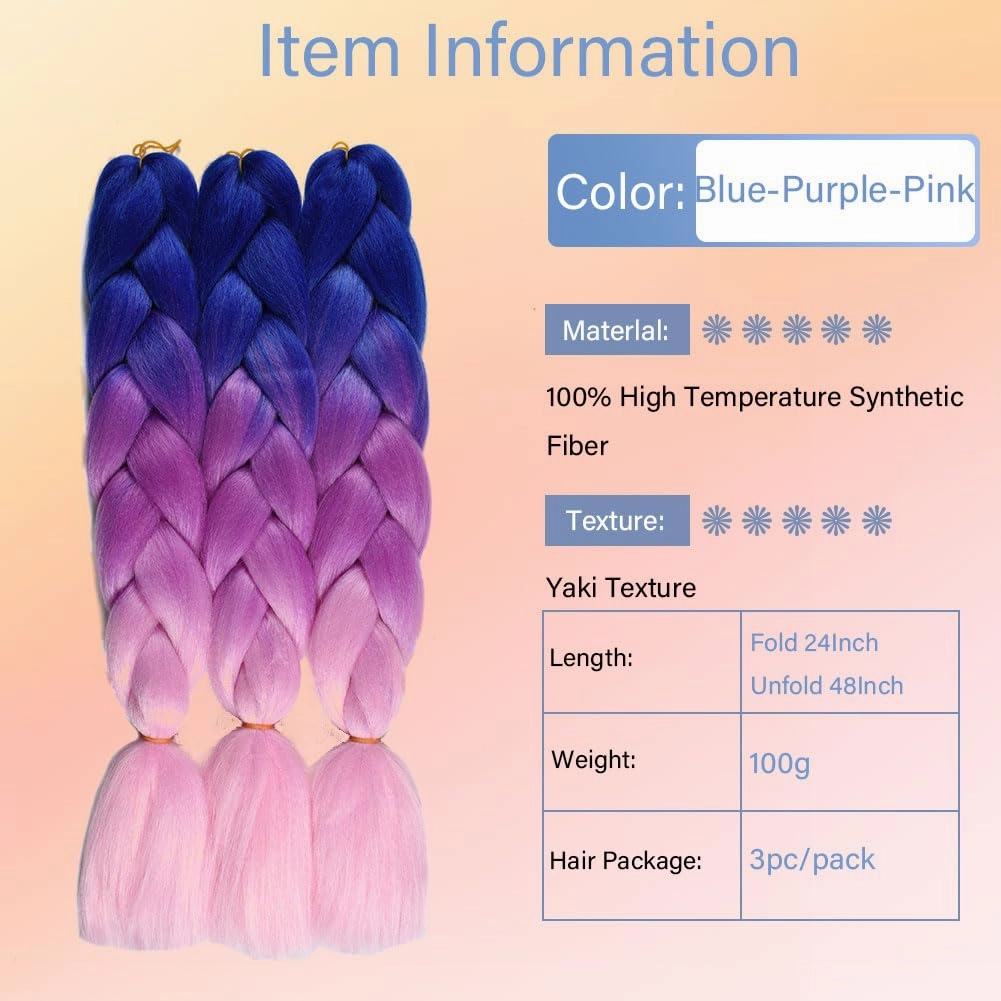 Ombre Braiding Hair 24 Inch Jumbo Braid Hair Extensions 3Pcs Pre Stretched High Temperature Crochet Braiding Hair for Boxes Crochet twist Hair (Blue/Purple/pink)