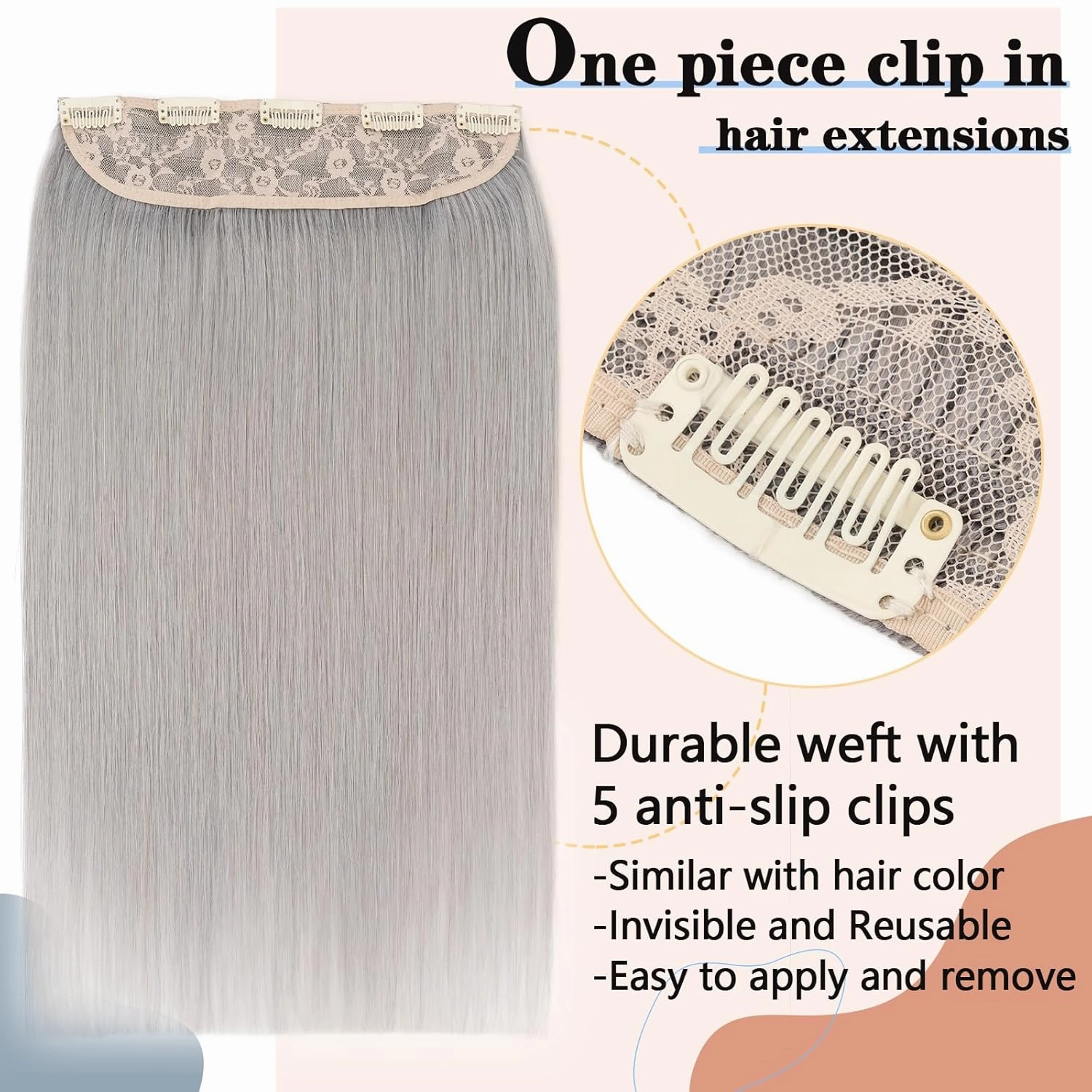 One Piece Clip in Hair Extensions Real Human Hair,S-noilite One Piece Human Hair Extensions 5 Clips 3/4 Full Head Thicker Hair Weft 12 Inch-70g #G1 Light Gray