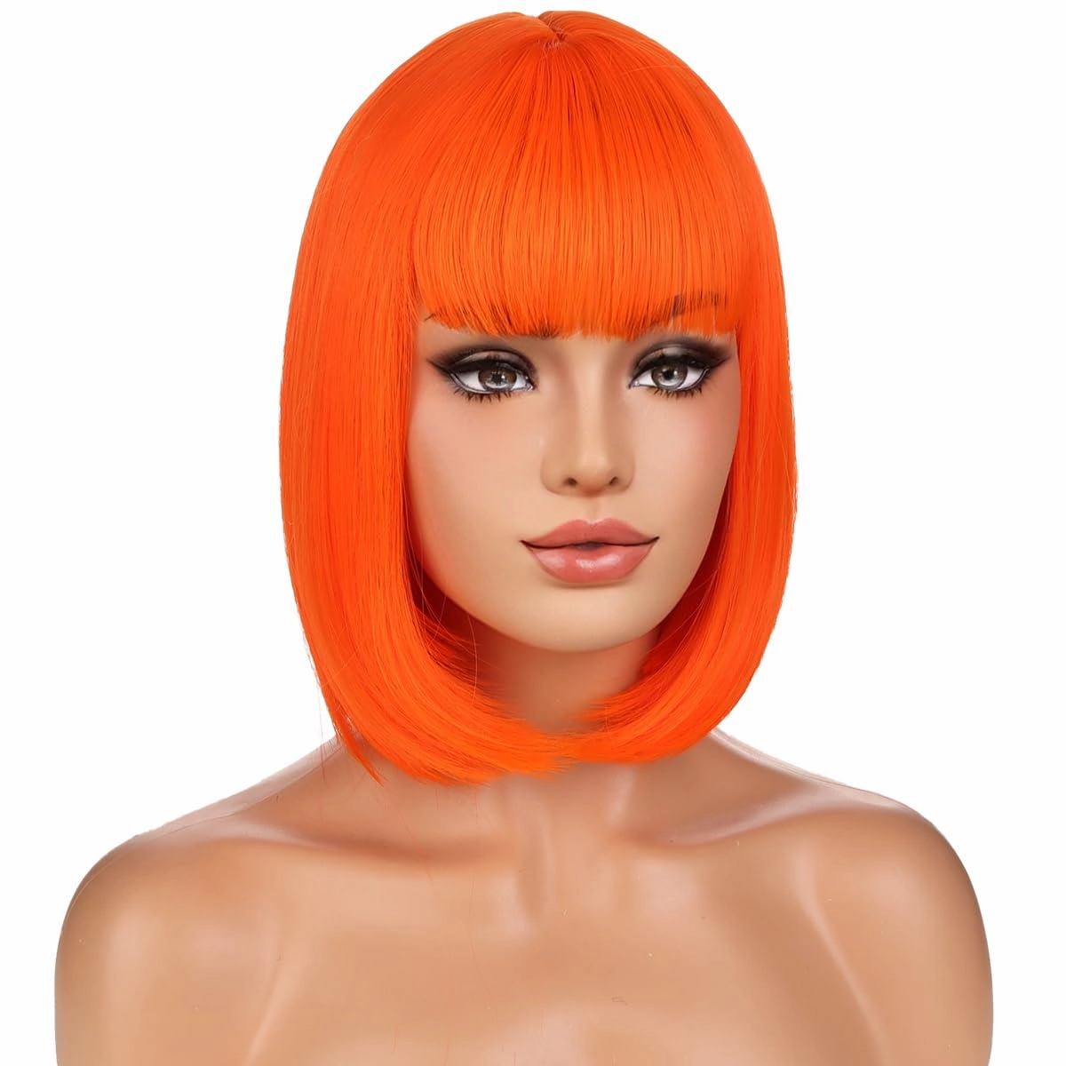 Orange Bob Wig with Bangs for Women Short Bright Orange Bob Wig Straight Orange Bob Wig Synthetic Heat Resistant Wig with Wig Cap