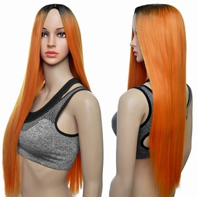 Orange wig,27inch Long Straight Wig for women,Stylish Natural Fiber Synthetic Pop Coppr Hair