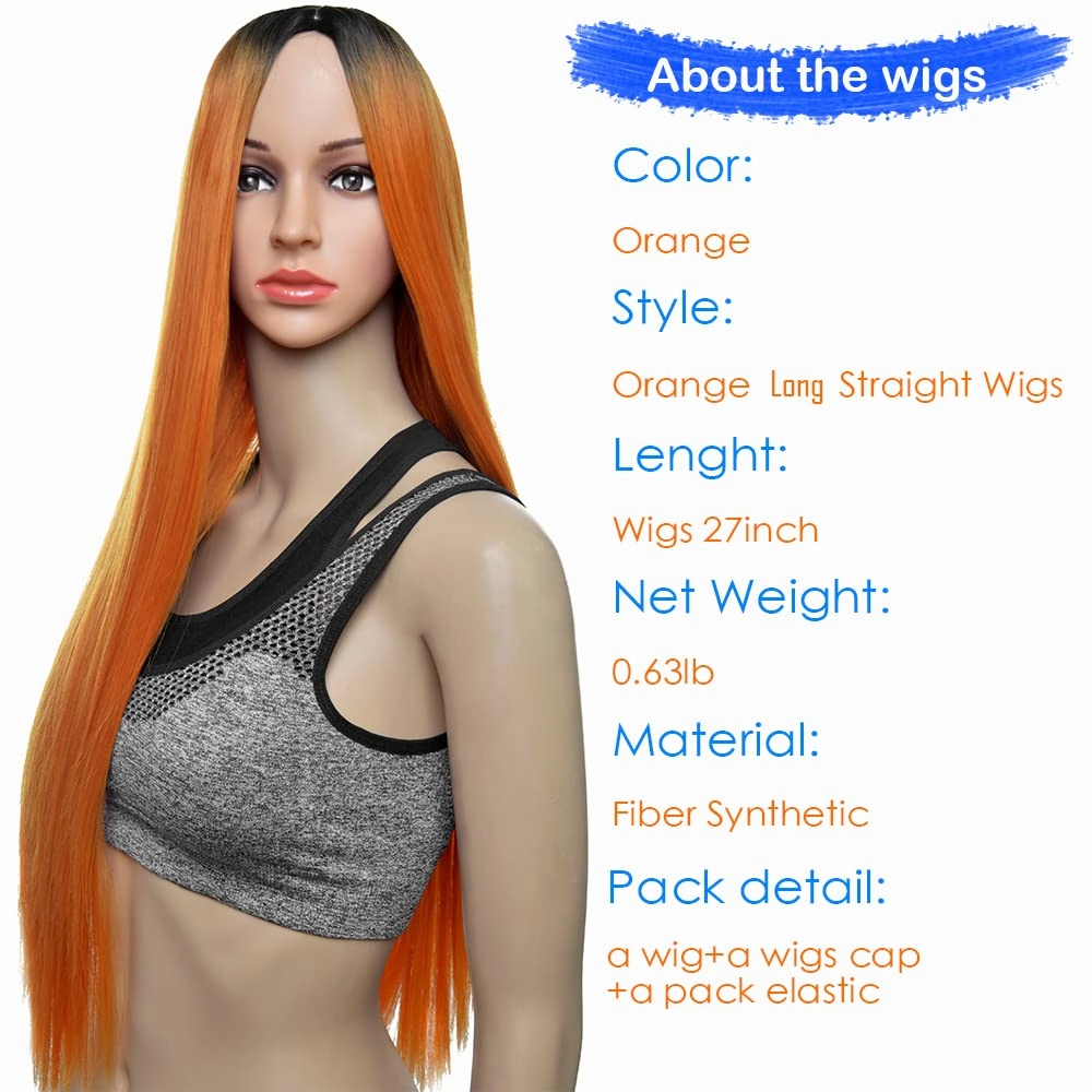 Orange wig,27inch Long Straight Wig for women,Stylish Natural Fiber Synthetic Pop Coppr Hair