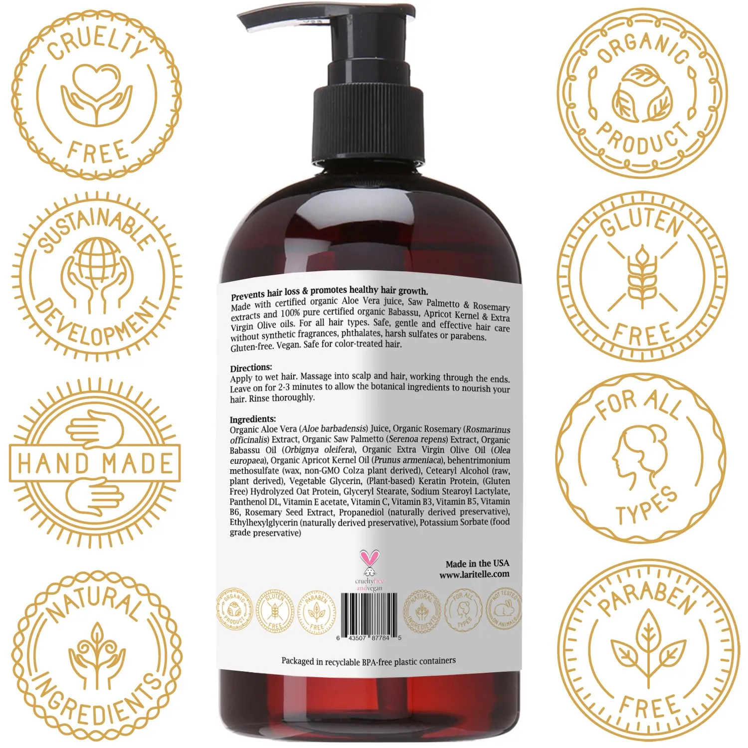 Organic Conditioner 16 oz | Hair Loss Prevention, Anti-Breakage, Split Ends Treatment | Rosemary & Saw Palmetto | NO GMO, Gluten, Alcohol, Paraben, Phthalates | Unscented. Hypoallergenic