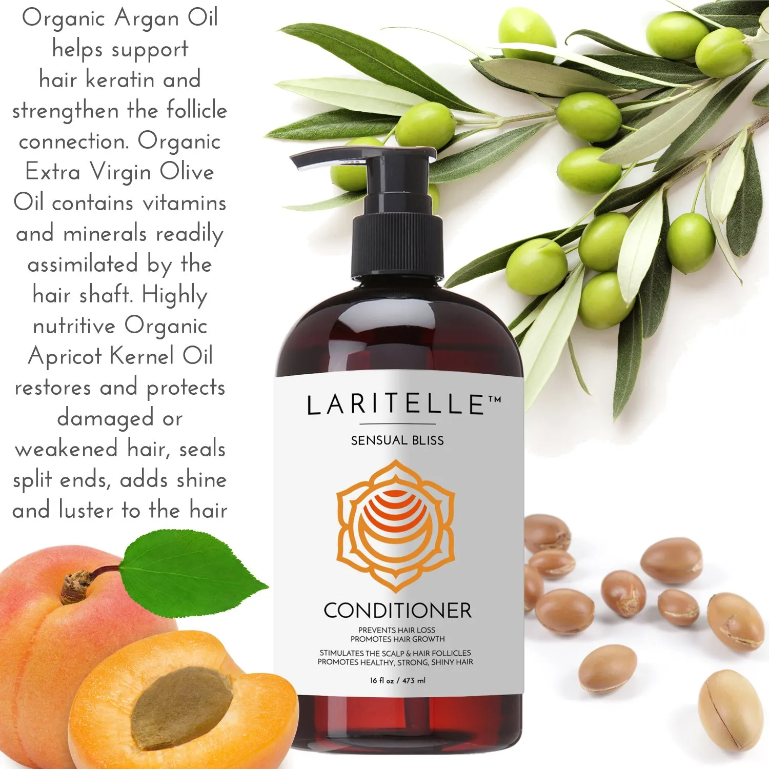 Organic Conditioner, Hair Loss Prevention, Anti-Breakage, Split Ends Treatment, Argan Oil, Rosemary and Palmarosa, NO GMO, Sulfates, Gluten, Alcohol, Parabens, Phthalates, 16 oz