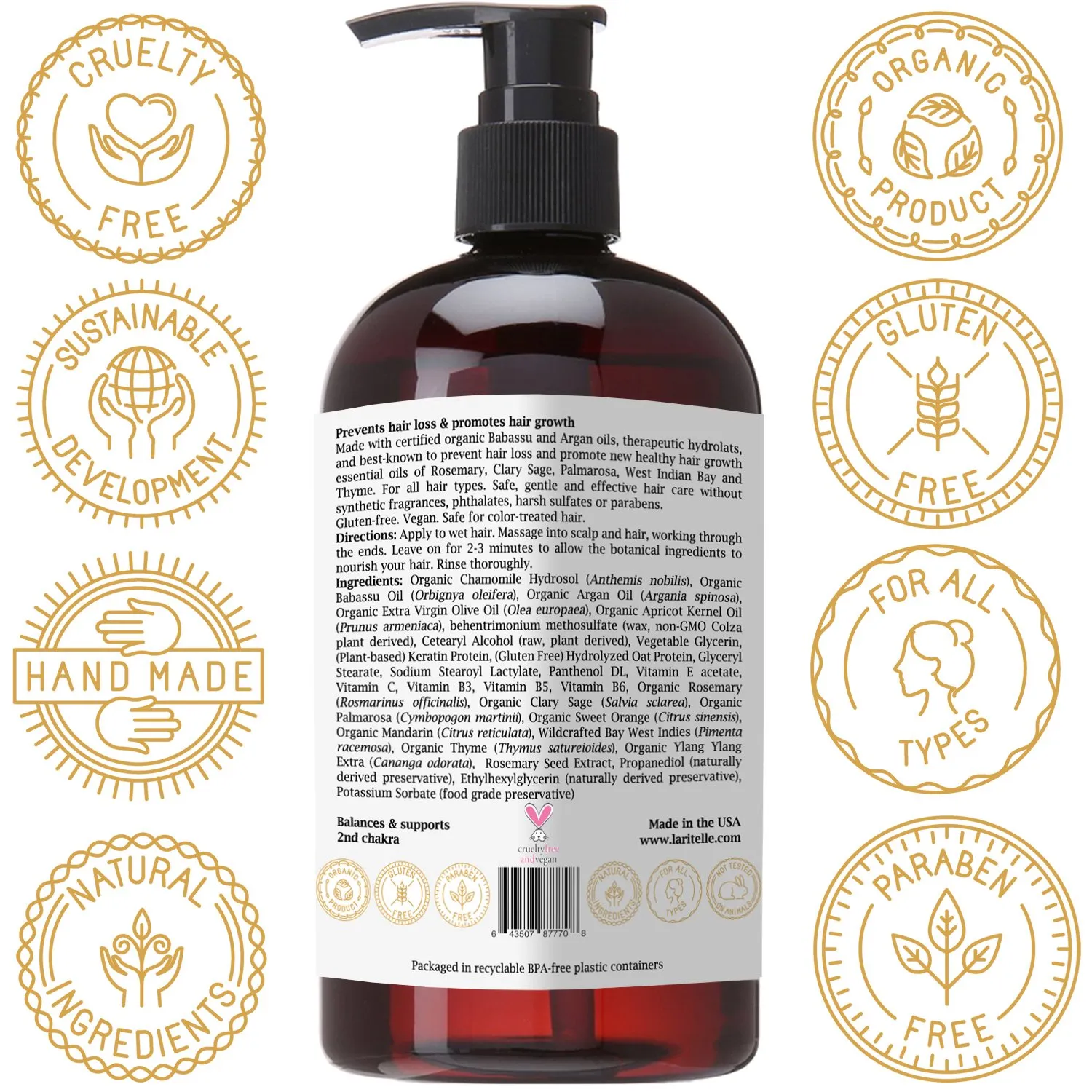 Organic Conditioner, Hair Loss Prevention, Anti-Breakage, Split Ends Treatment, Argan Oil, Rosemary and Palmarosa, NO GMO, Sulfates, Gluten, Alcohol, Parabens, Phthalates, 16 oz