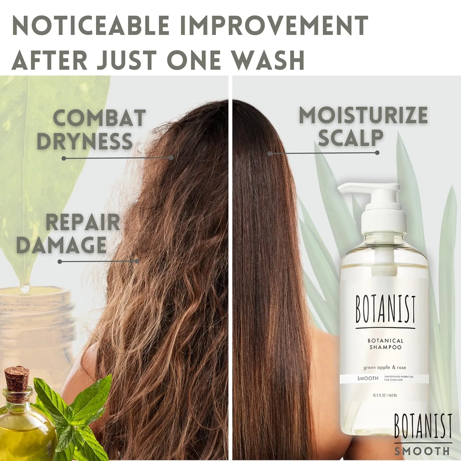 Organic Shampoo for Dry Damaged Hair, Anti-Frizz Shampoo for Women & Men with Argan Oil, Fruit Protein & Collagen from Japan, Silicone & Paraben Free, SMOOTH Green Apple & Rose 15.5 Fl Oz