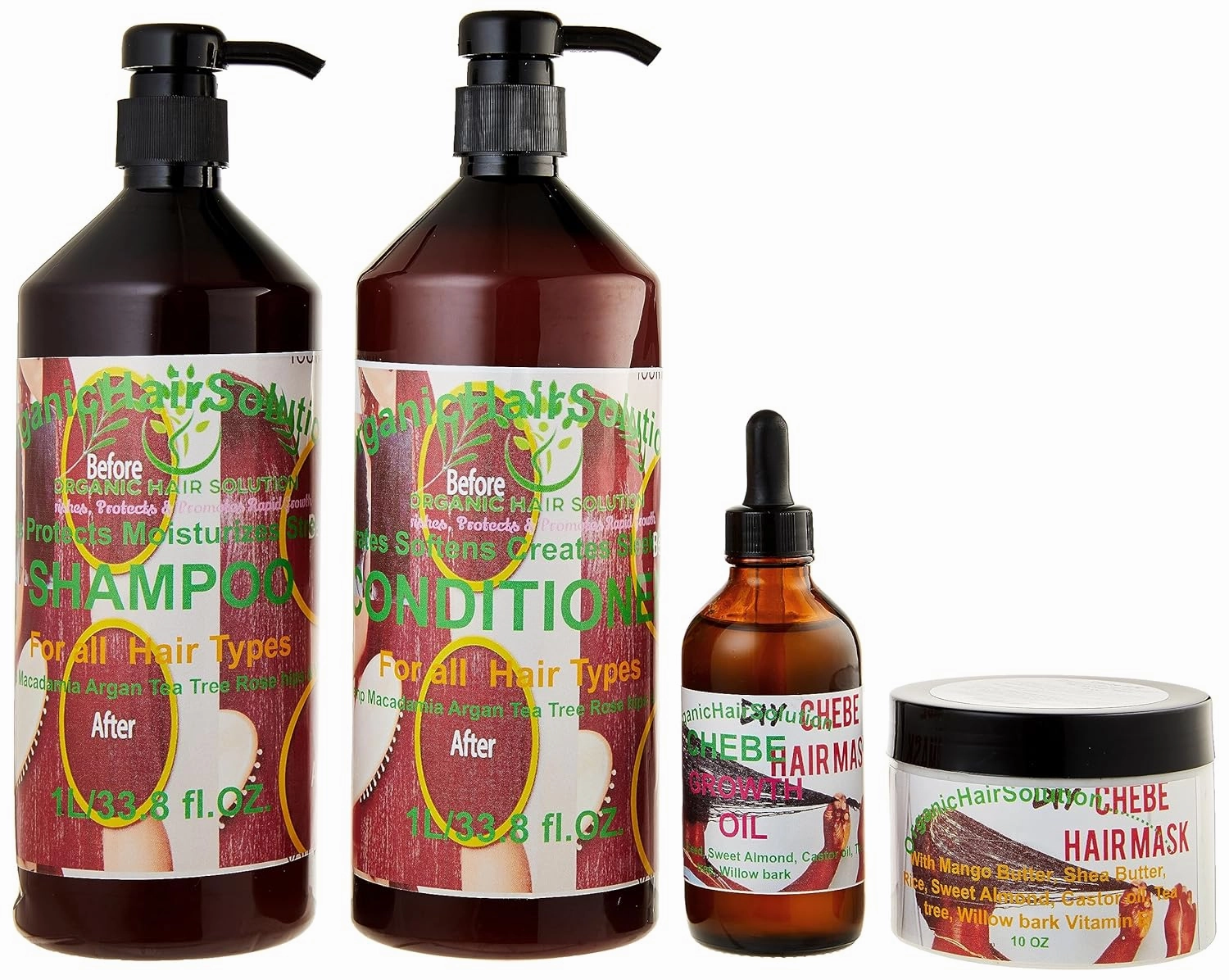 Organic Hair Solution-CHEBE Hair Growth Set - Shampoo- Conditioner-Oil & Hair Mask Leave in Cream- Castor Oil- Mango Butter-Tea Tree-Willow Bark-Rice milk-For Stronger, Thicker Longer Hair-Healthier