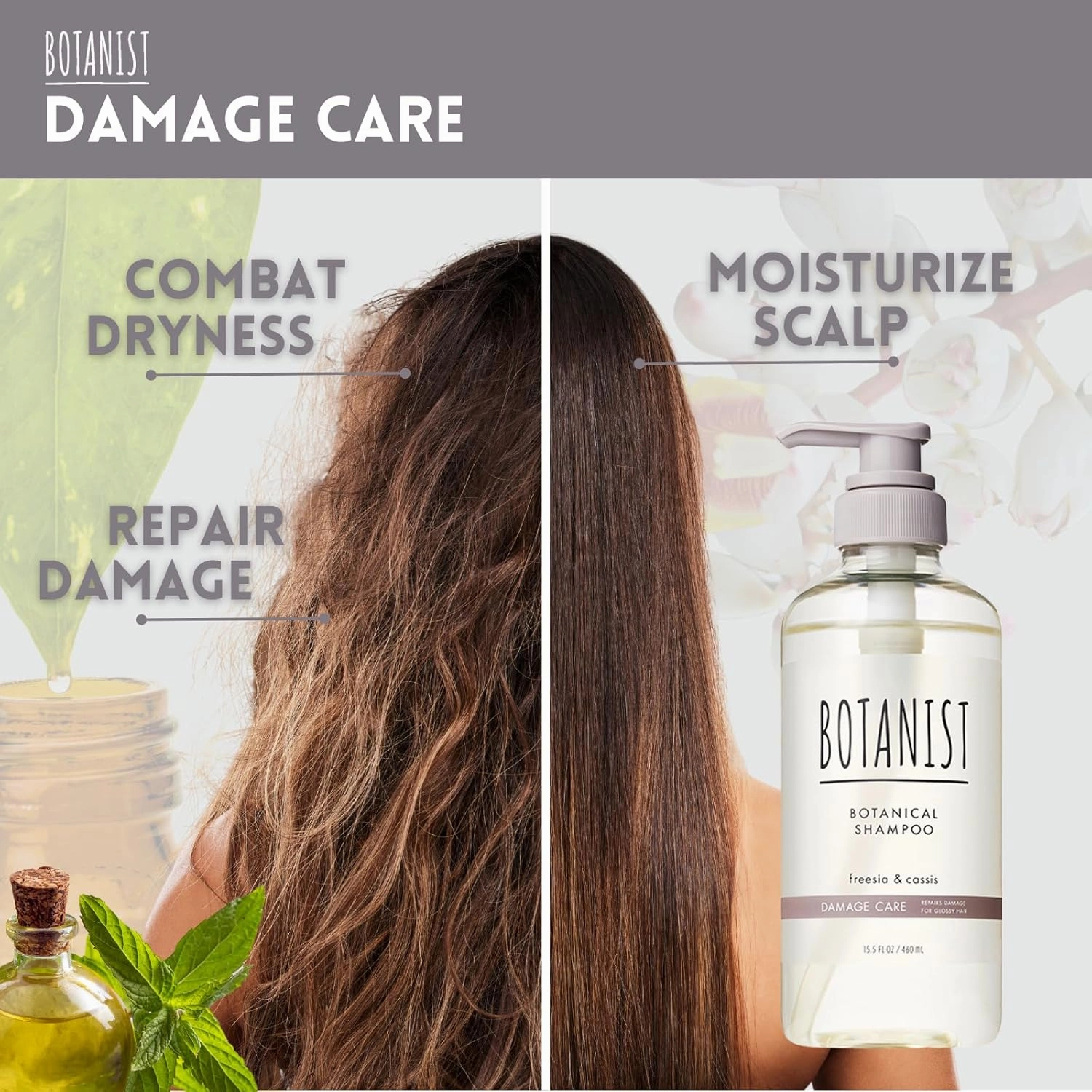 Organic Shampoo for Damaged Hair, Sulfate Free Shampoo for Women & Men with Keratin, Proteins, Collagen& Hyaluronic Acid from Japan, Silicone Free 15.5 Fl Oz Freesia & Cassis - DAMAGE CARE