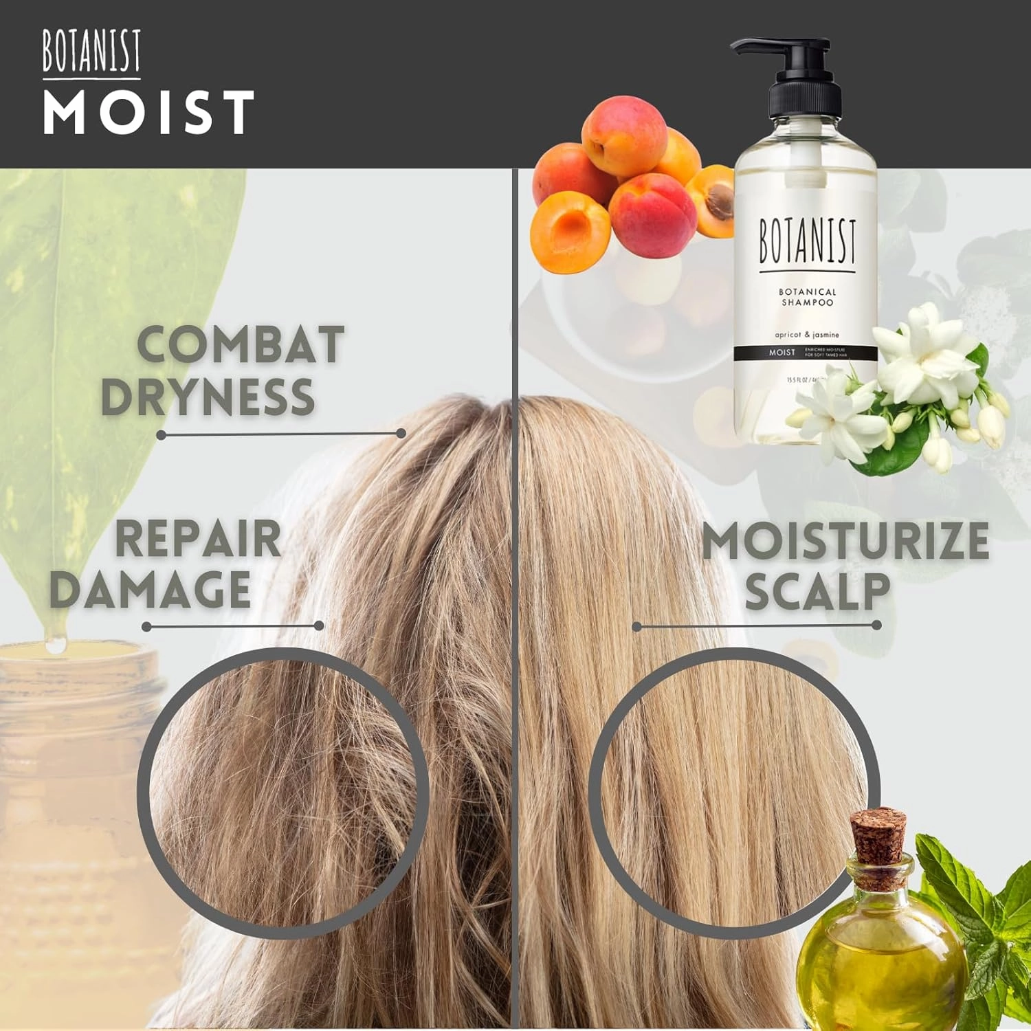 Organic Shampoo for Dry & Damaged Hair Women & Men, Natural Shampoo with Macadamia Nut Oil & Rice Ceramide from Japan, Sulfate & Silicone Free, Apricot & Jasmine, 15.5 Fl Oz