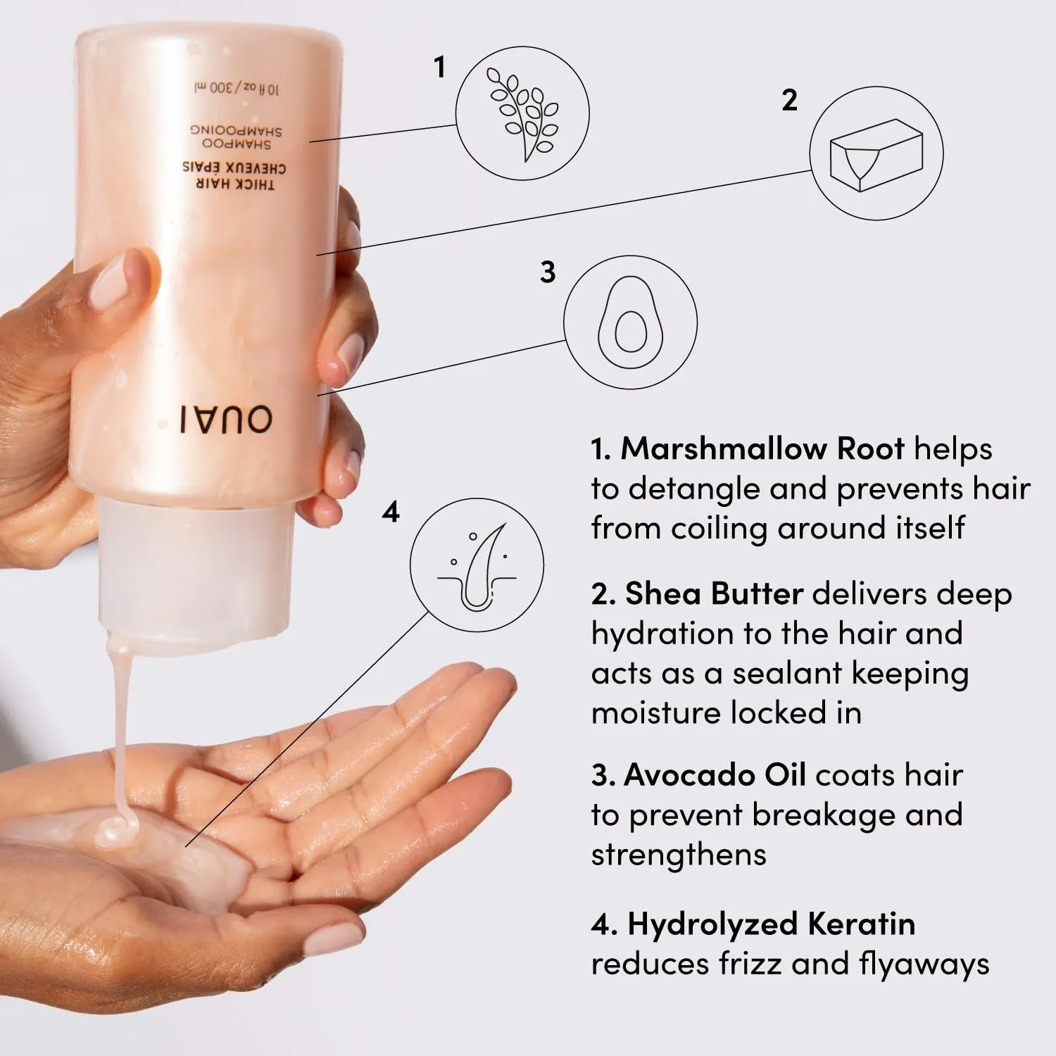 OUAI Thick Shampoo - Moisturizing Shampoo with Keratin, Marshmallow Root, Shea Butter, Avocado Oil for Thick Hair - Strengthens & Hydrates Strands - Paraben, Phthalate & Sulfate Free (10 Fl Oz)