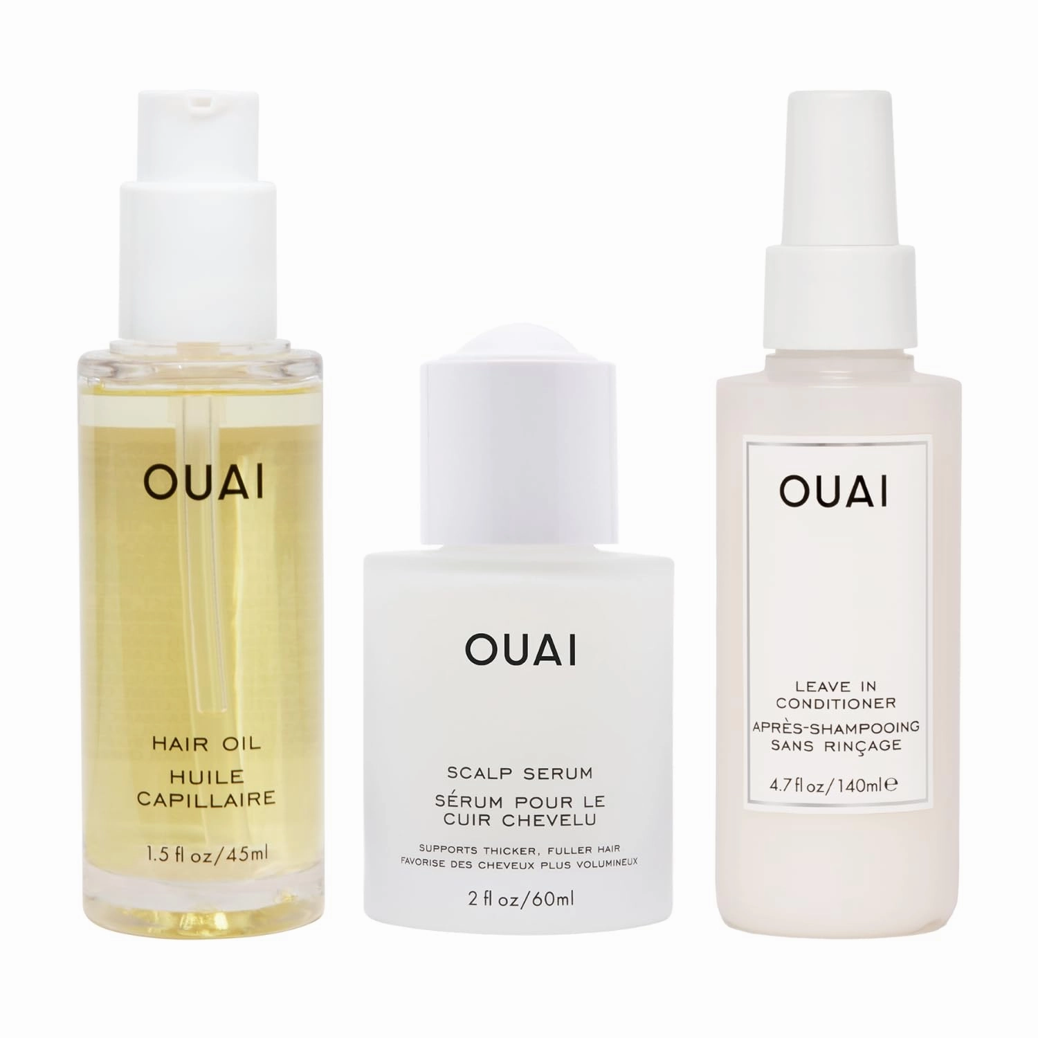 OUAI Hair Care Bundle - Scalp Serum, Hair Oil, Leave-In Conditioner (3 Count, 2 Oz/ 1.7 Oz/4.7 Oz)