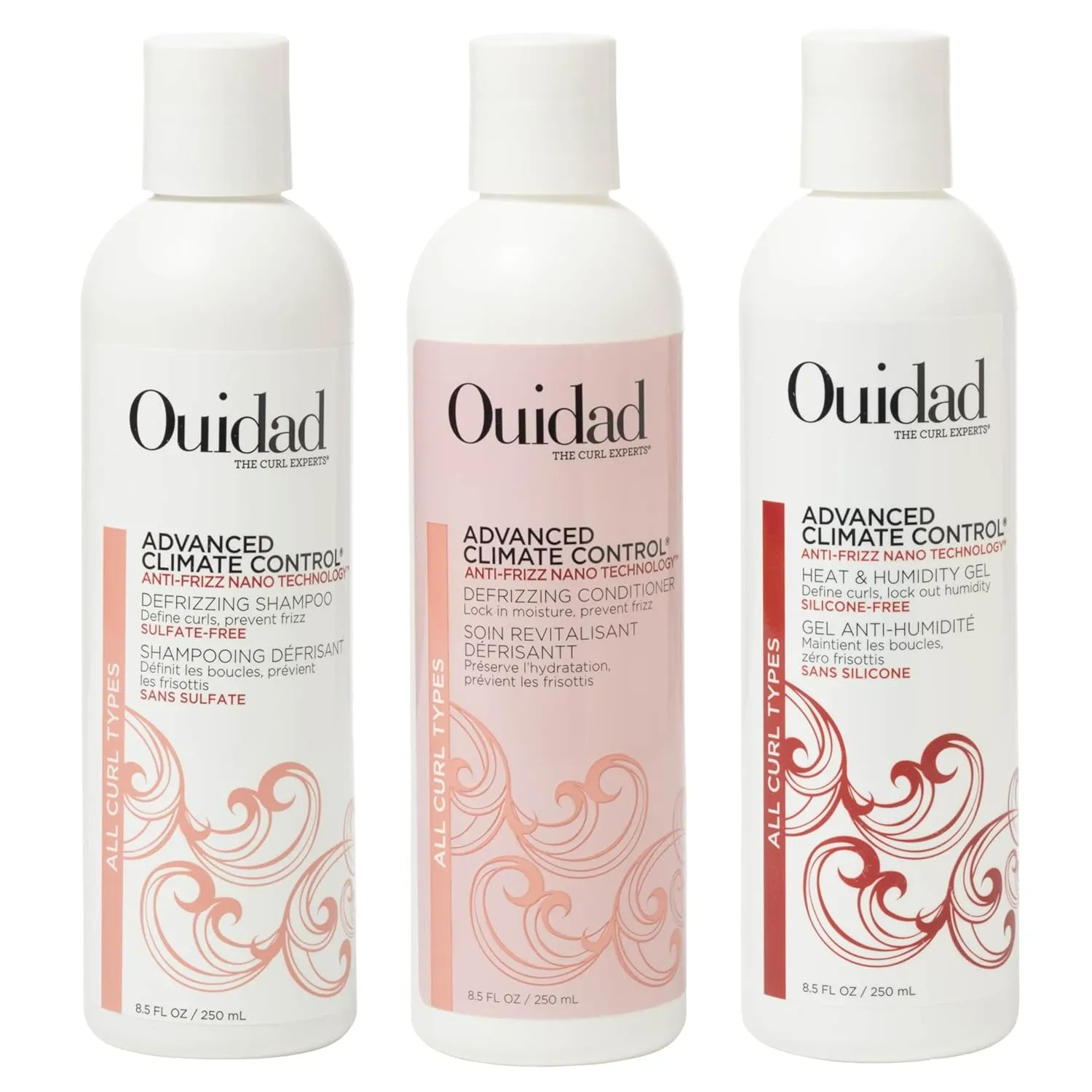 Ouidad Advanced Climate Control Shampoo, Conditioner & Gel Bundle – 8.5 fl oz Each, Anti-Frizz, Curl-Defining, Sulfate-Free, Locks in Moisture, Blocks Humidity, Safe for Color-Treated Hair, All Curl T