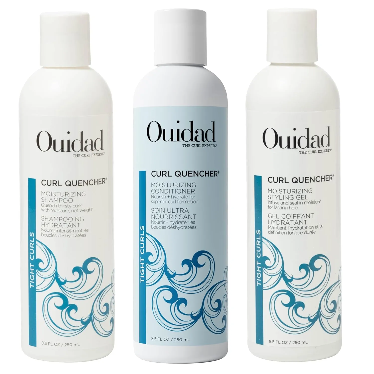 Ouidad Curl Quencher Moisturizing Shampoo, Conditioner & Styling Gel Bundle – 8.5 fl oz Each, Nourishing, Hydrating, Vegan, Color-Safe, Chamomile & Vitamin A & E, Frizz Control, For Tight Curls