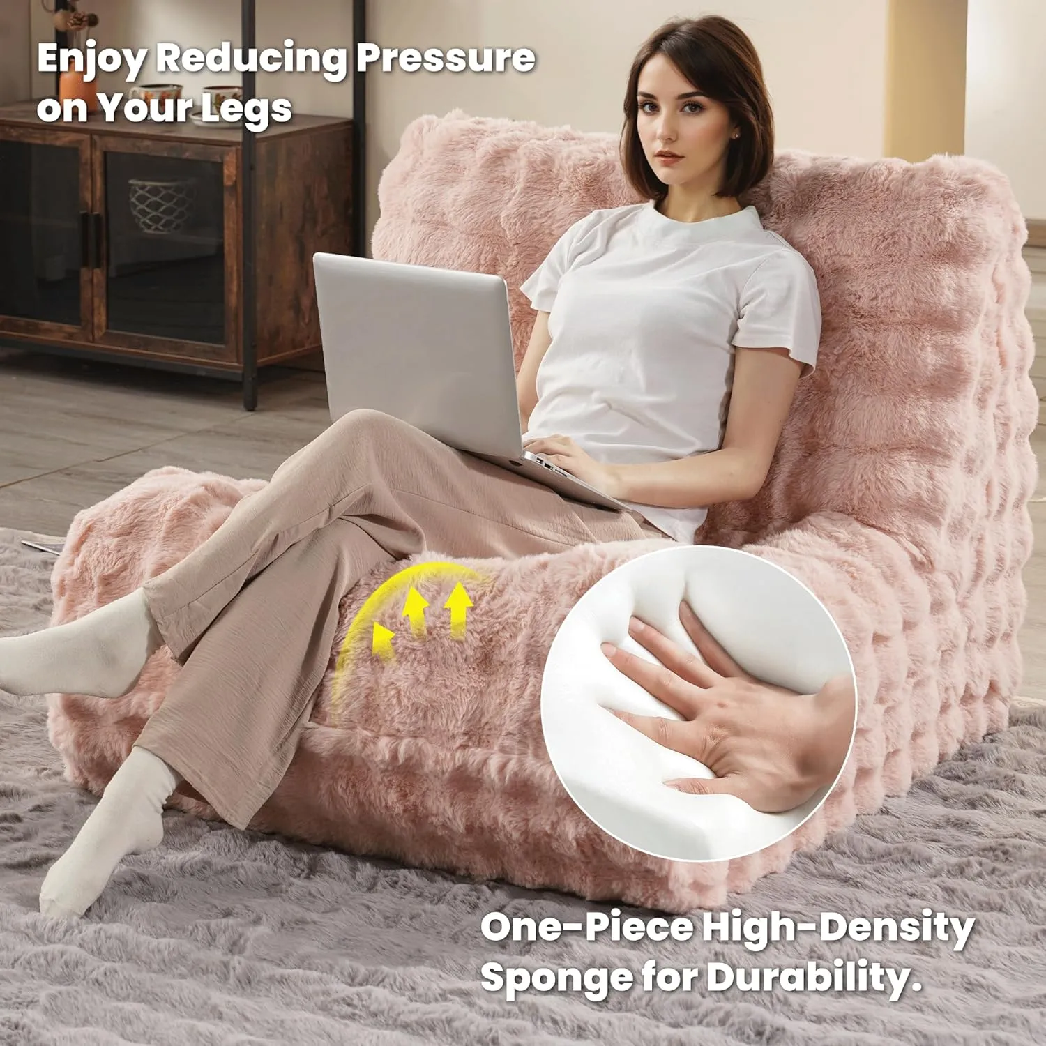ovios Bean Bag Chair for Adult, Oversized Giant Beanbag with Plush Faux Fur, Comfy Large Big Lounger Floor Lazy Chair for Indoor Fireside Living Room Bedroom Dorm, Pink