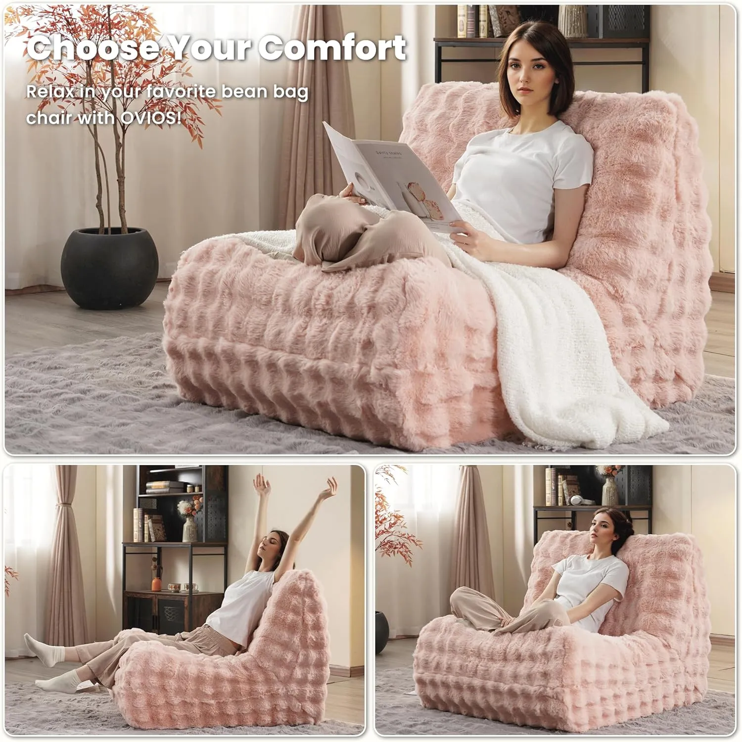 ovios Bean Bag Chair for Adult, Oversized Giant Beanbag with Plush Faux Fur, Comfy Large Big Lounger Floor Lazy Chair for Indoor Fireside Living Room Bedroom Dorm, Pink