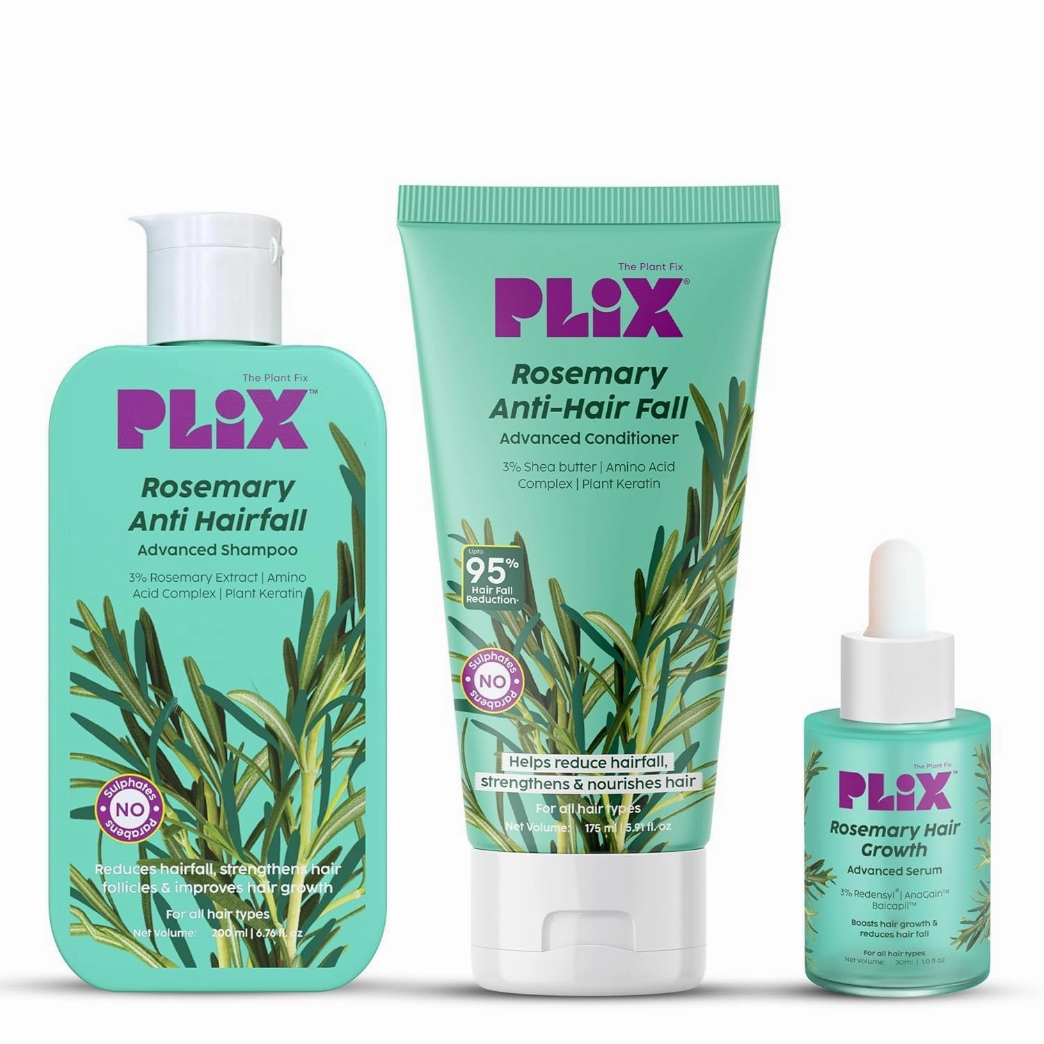 P.L.IX - Rosemary Anti Hairfall Regime Combo with 3% Redensyl Serum, Shampoo & Conditioner l Reduces Hair Fall & Strengthens Hair l Sulphate & Paraben Free l All Hair Types l Unisex