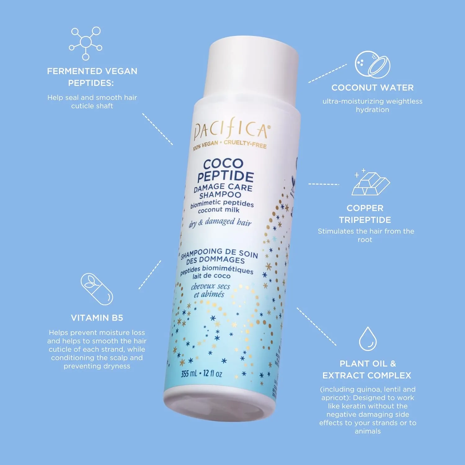 Pacifica Coco Peptide Damage Care Shampoo & Conditioner Set – Repairing Hair Care for Dry Damaged Hair Vegan Collagen & Peptides for Split Ends & Breakage Sulfate Free Clean Vegan Dermatologist Tested