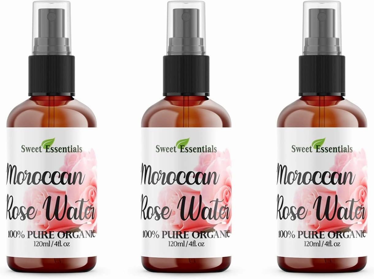 Pack of 3 Premium Organic Moroccan Rose Water - 4oz W/Sprayer - Imported From Morocco - 100% Pure (Food Grade) No Oils or Alcohol - Rich in Vitamin A & C Perfect for Hydrating & Rejuvenating Your Skin