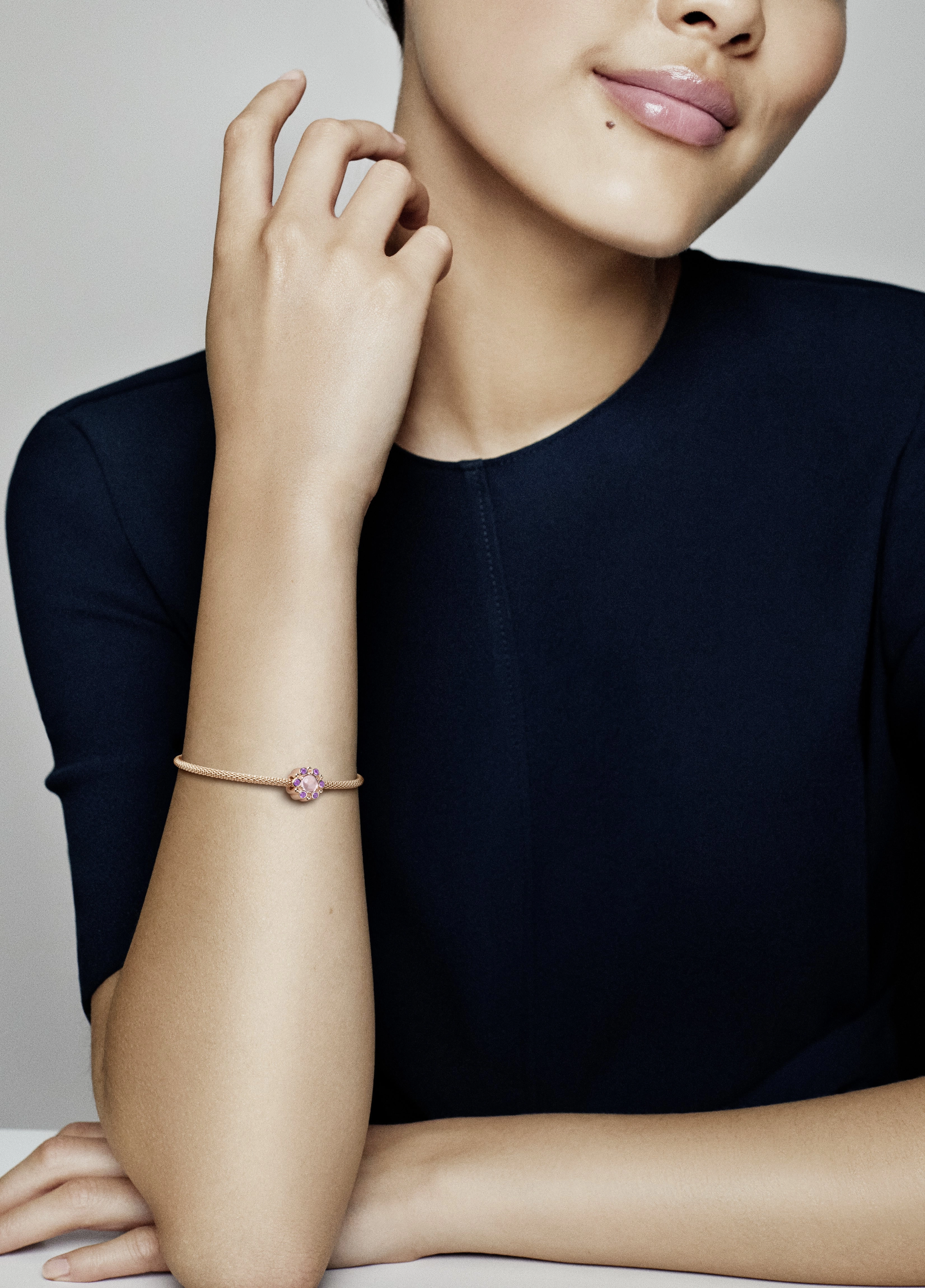 PANDORA Rose charm with pink mist and royal purple crystal