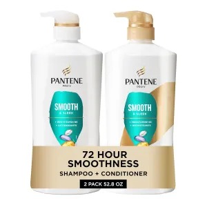 Pantene Shampoo & Conditioner Set, Smooth and Sleek - Frizz Control with Antioxidants, Nourishing for All Hair Types - Curly, Dry, Color-Treated, 52.8 Oz Total   Miracle Rescue Shot (0.5 Oz)