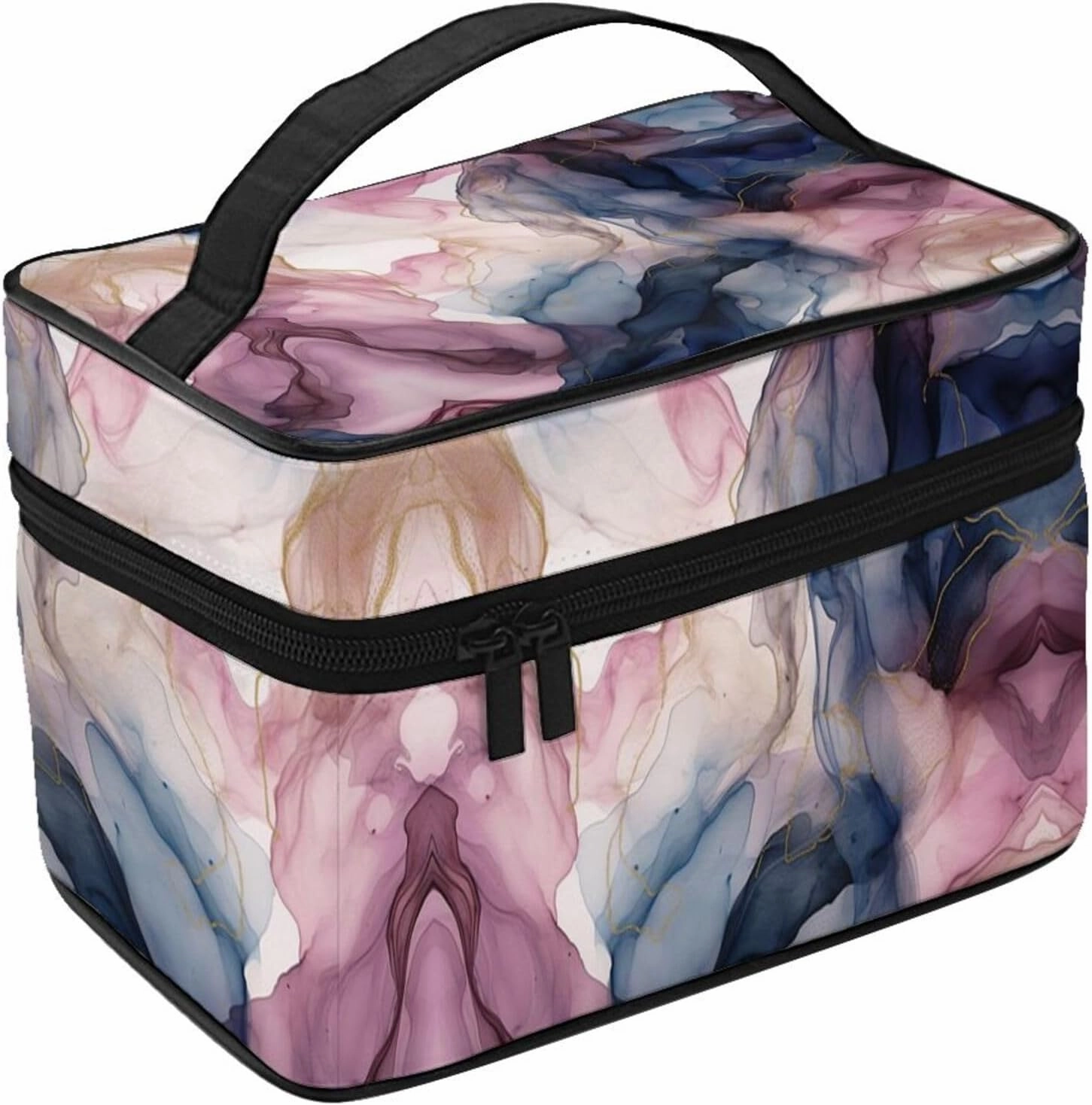 Pastel Plum Deep Blue Blush and Gold Abstract Painting Print Travel Cosmetic Bag Tote Makeup, Large Capacity Toiletry Pouch With Handle Zipper for Women Men