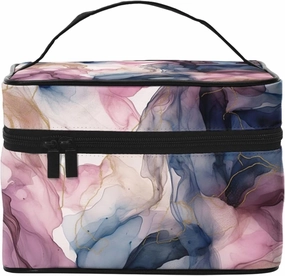 Pastel Plum Deep Blue Blush and Gold Abstract Painting Print Travel Cosmetic Bag Tote Makeup, Large Capacity Toiletry Pouch With Handle Zipper for Women Men