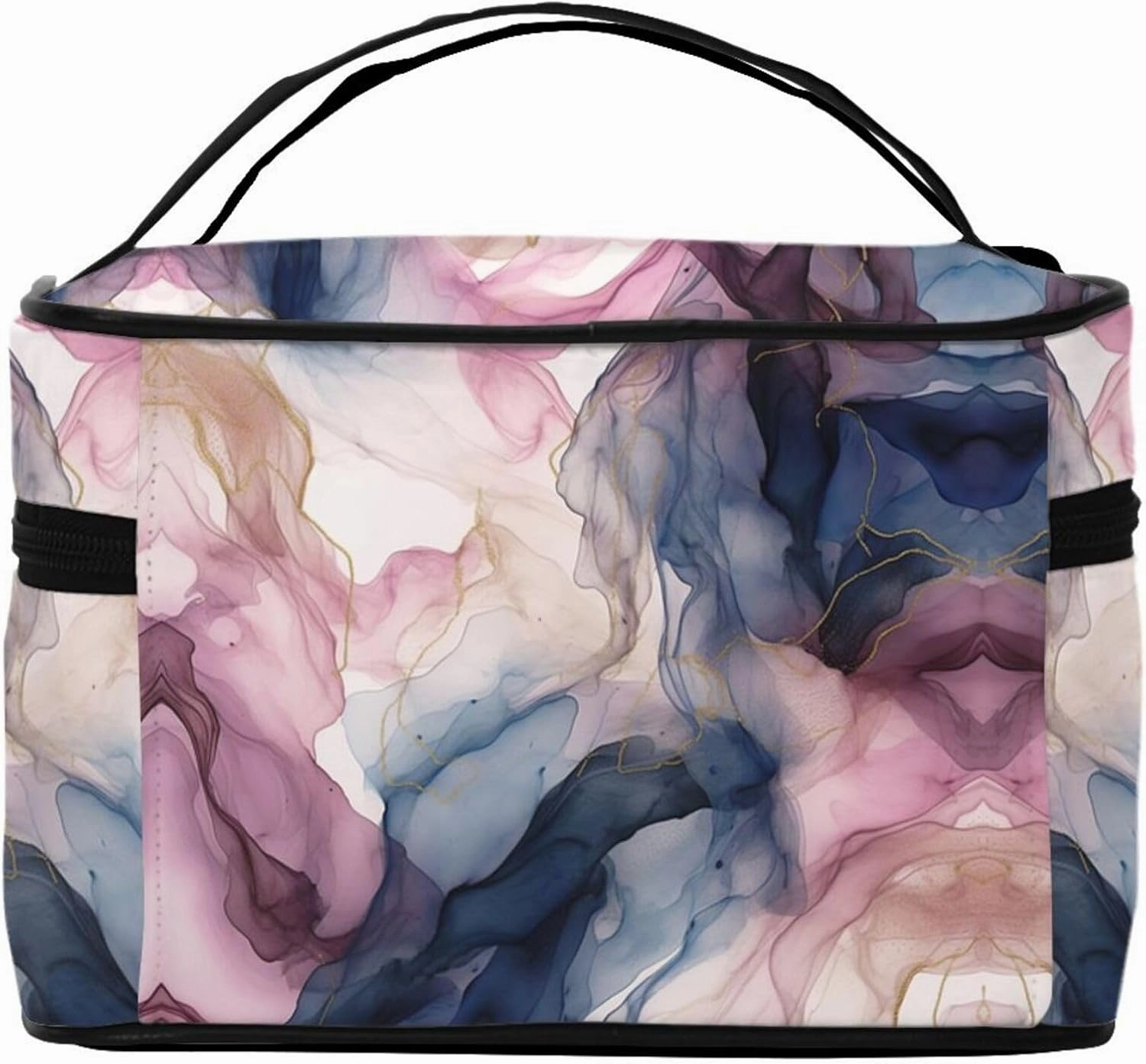 Pastel Plum Deep Blue Blush and Gold Abstract Painting Print Travel Cosmetic Bag Tote Makeup, Large Capacity Toiletry Pouch With Handle Zipper for Women Men