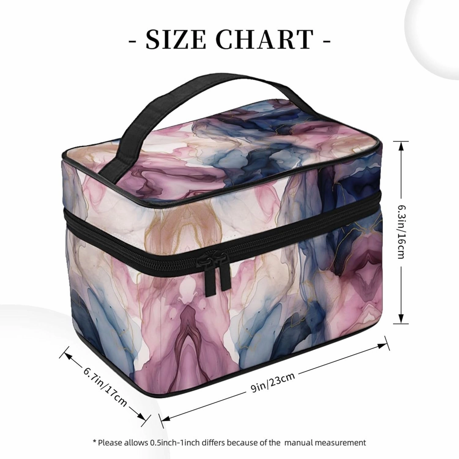 Pastel Plum Deep Blue Blush and Gold Abstract Painting Print Travel Cosmetic Bag Tote Makeup, Large Capacity Toiletry Pouch With Handle Zipper for Women Men