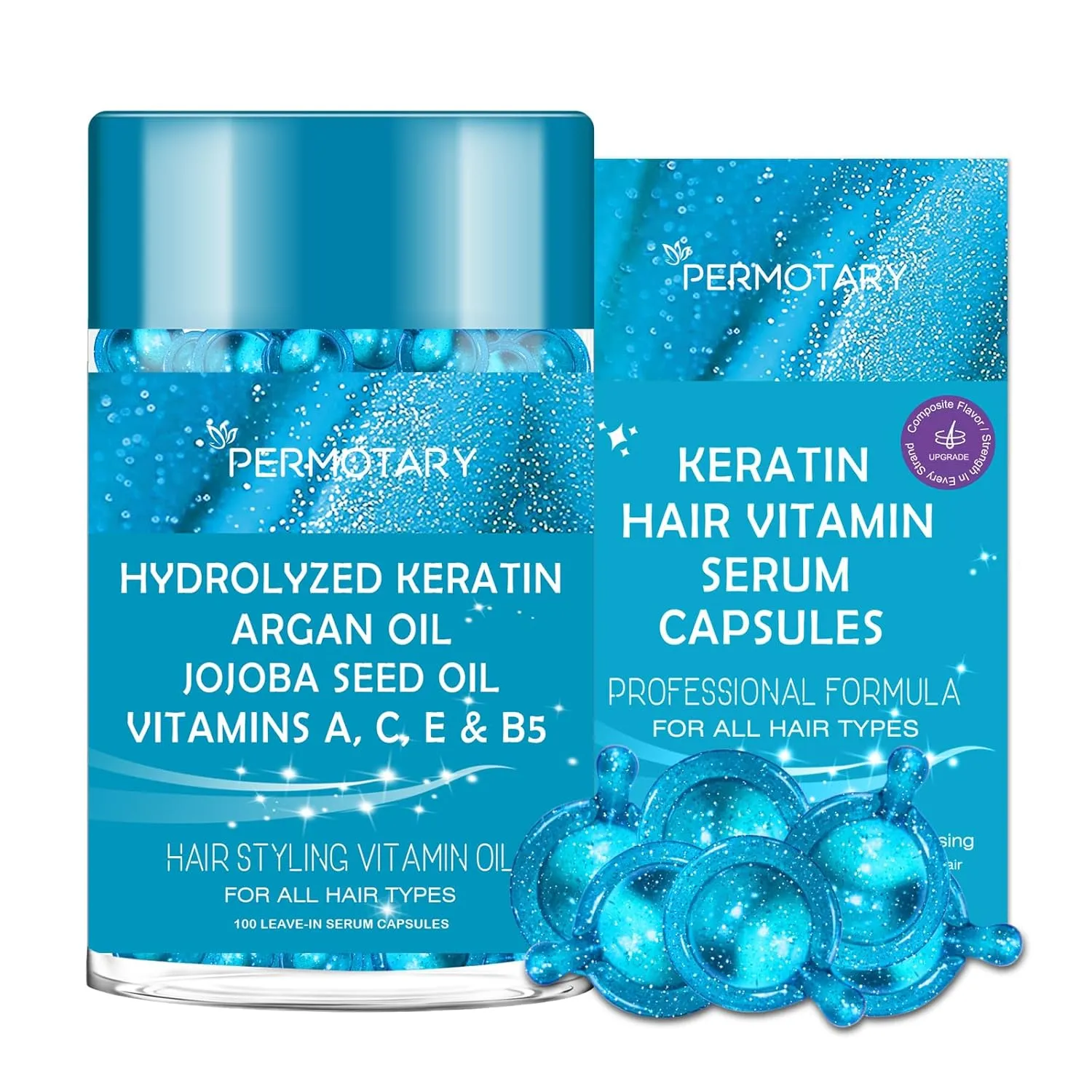 Permotary 100PCS Hair Vitamin Serum Capsule, Hair Styling Serum for Frizzy and Damaged Hair, Blue Hair Treatment Oil Capsules with Moroccan, Macadamia, Avocado Oils, Vitamins A, C, E, B5