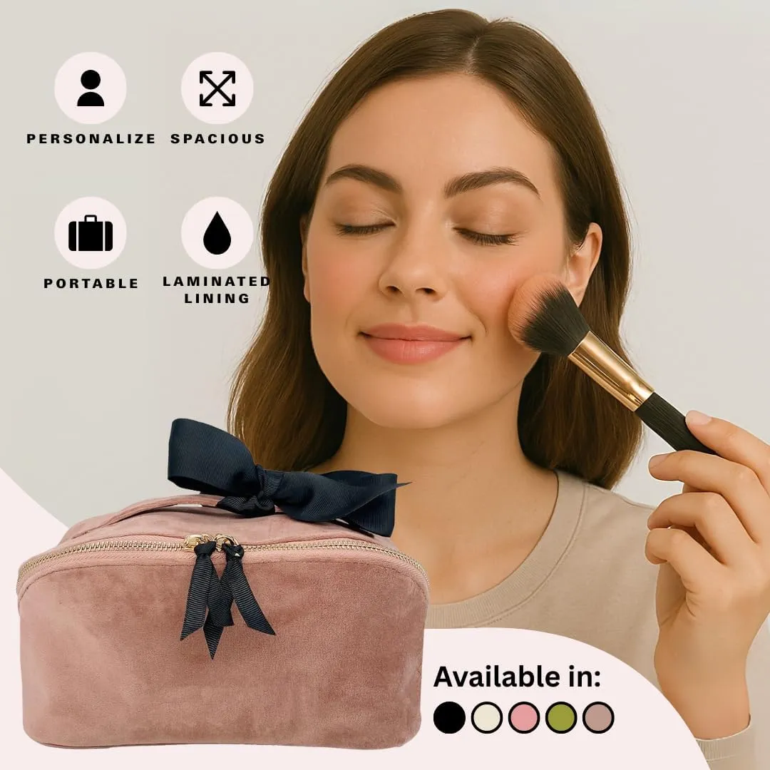 Personalized Makeup Bag for Women | Cosmetic Bag Organizer for Girls with Monogramming | Makeup Pouch for Traveling | Toiletry Bags for Women | Make Up Travel Pouches | Pink Velvet