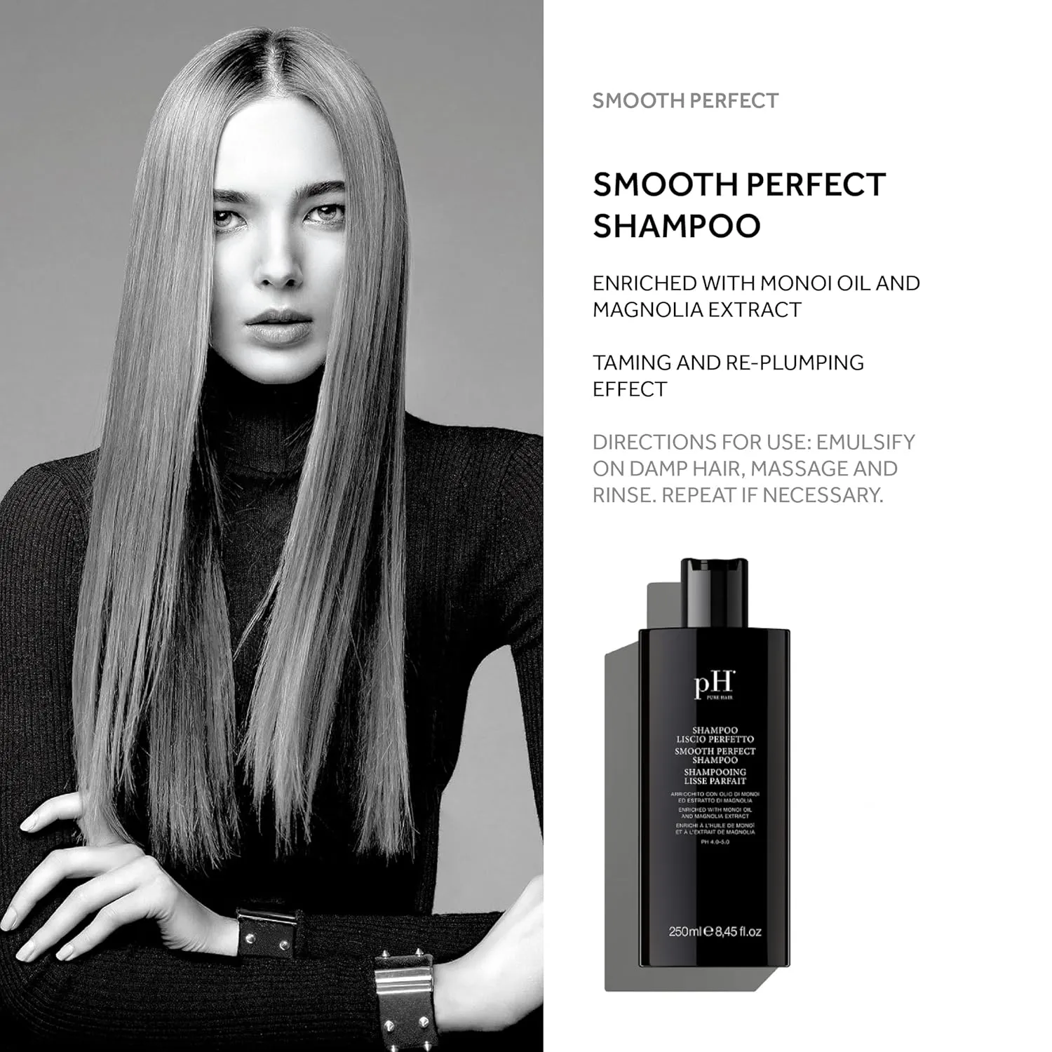 pH PURE HAIR Smooth Perfect Anti-Frizz Shampoo - Enriched with Monoi Oil & Magnolia Extract - Intense Hydration & Shine - Sulfate-Free, Safe Anti-Frizz Spray for Color-Treated Hair - 8.45 oz