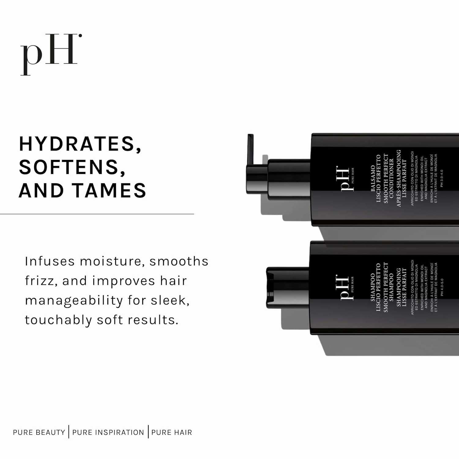 pH PURE HAIR Smoothing Duo - Anti-Frizz Shampoo and Conditioner Set - Sulfate-Free Hydrating Shampoo Conditioner for Dry Hair & Curly Hair - Soft, Healthy, Manageable Locks - 8.45 oz each
