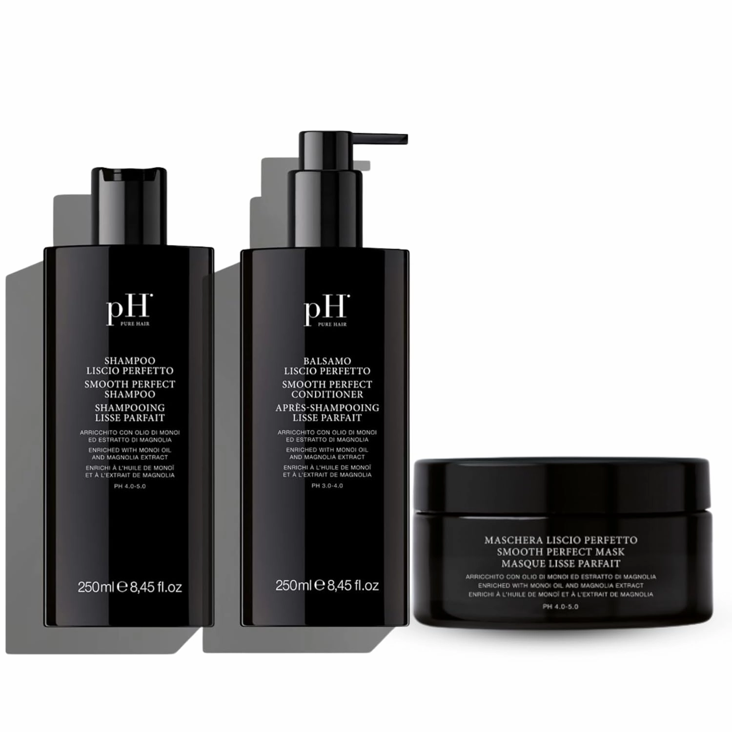 pH PURE HAIR Smoothing Set - Sulfate & Paraben-Free Shampoo, Conditioner & Hair Mask with Monoi Oil - Hydrating, Anti-Frizz, Smoothing for Curly & Wavy Hair - Hair Types, (8.45 8.45 6.76 Fl Oz)