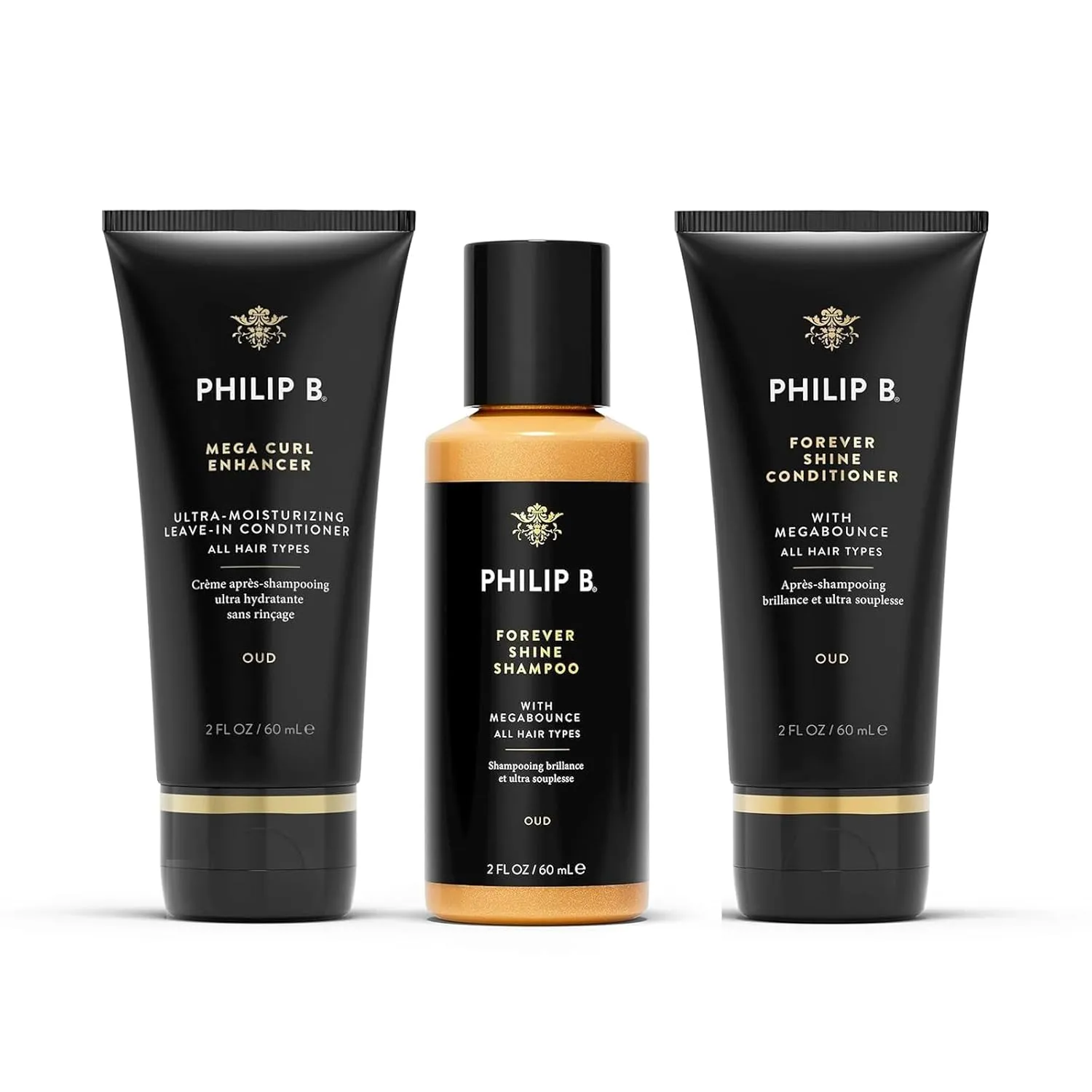 PHILIP B. Forever Shine Shampoo and Conditioner 2 oz Each   Mega Curl Enhancer 2oz - Shampoo and Conditioner Set with Notes of Pure Oud