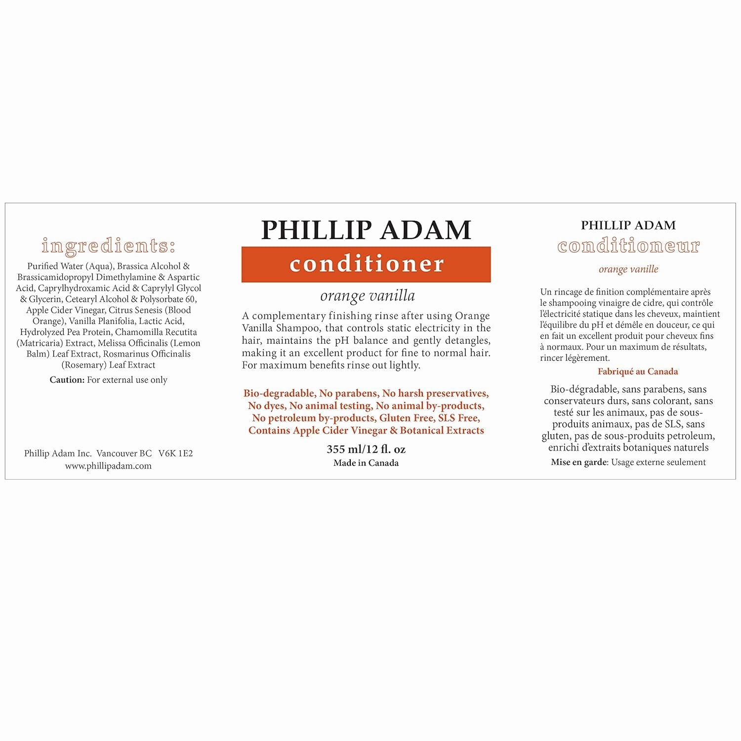 Phillip Adam Orange Vanilla Conditioner for Smooth and Shiny Hair - No Harsh Chemicals - Safe for Color Treated Hair - Delicious Natural Scent - 12 Ounce
