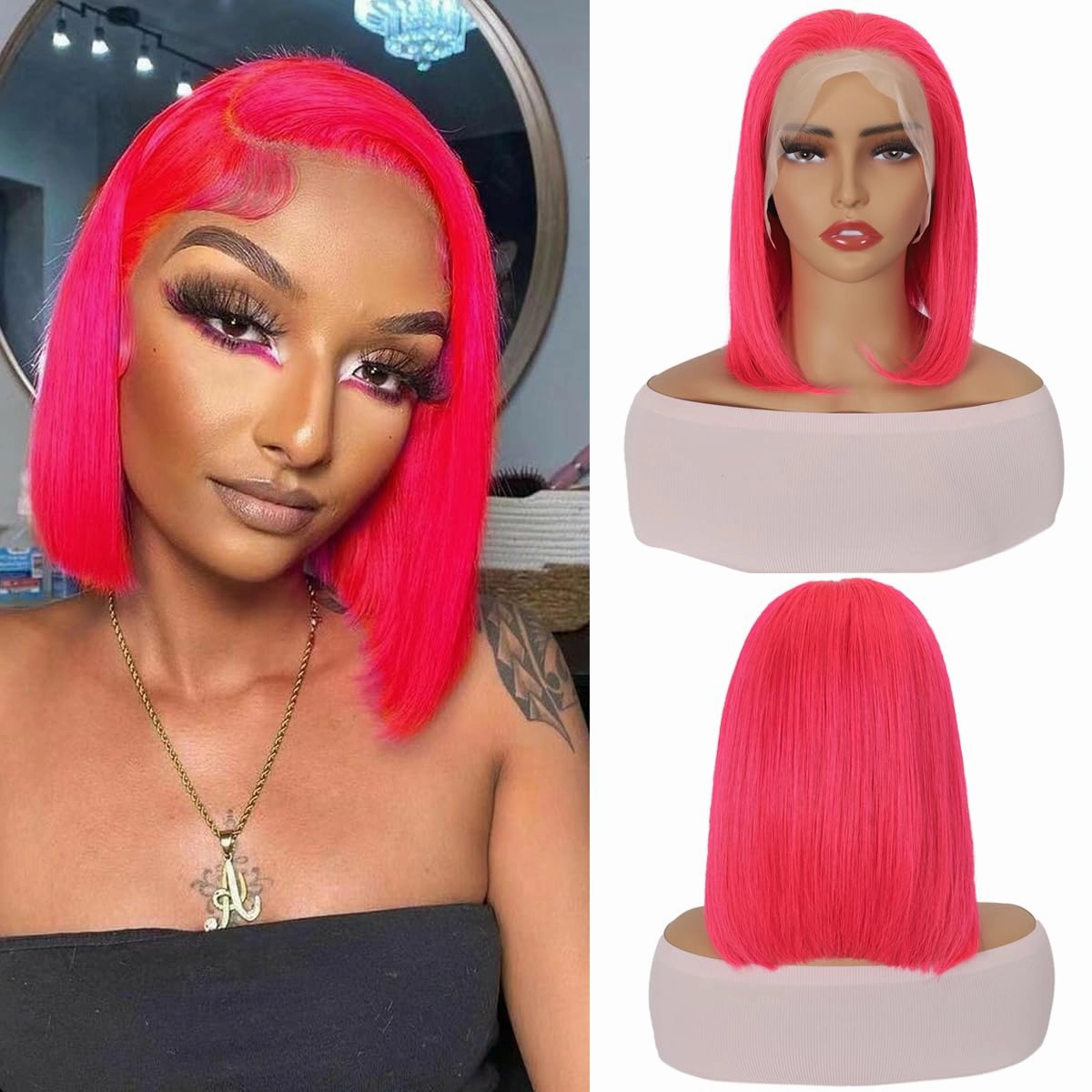 Pink Color Lace Front Short Bob Wigs Pre Plucked Brazilian Straight Human Hair Wigs Hot Pink 13x4 Transparent Lace Frontal Human Hair Wigs Blunt Cut Style For Black Women (Hot pink, 10 inch)