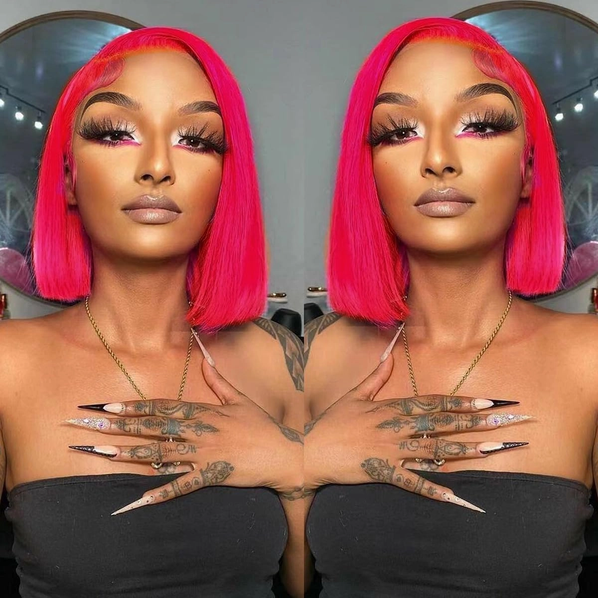 Pink Color Lace Front Short Bob Wigs Pre Plucked Brazilian Straight Human Hair Wigs Hot Pink 13x4 Transparent Lace Frontal Human Hair Wigs Blunt Cut Style For Black Women (Hot pink, 10 inch)