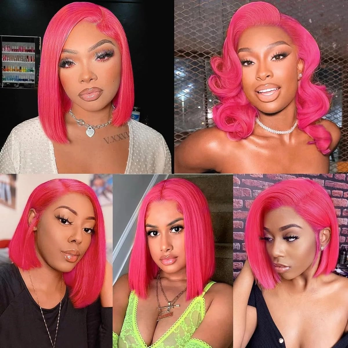 Pink Color Lace Front Short Bob Wigs Pre Plucked Brazilian Straight Human Hair Wigs Hot Pink 13x4 Transparent Lace Frontal Human Hair Wigs Blunt Cut Style For Black Women (Hot pink, 10 inch)