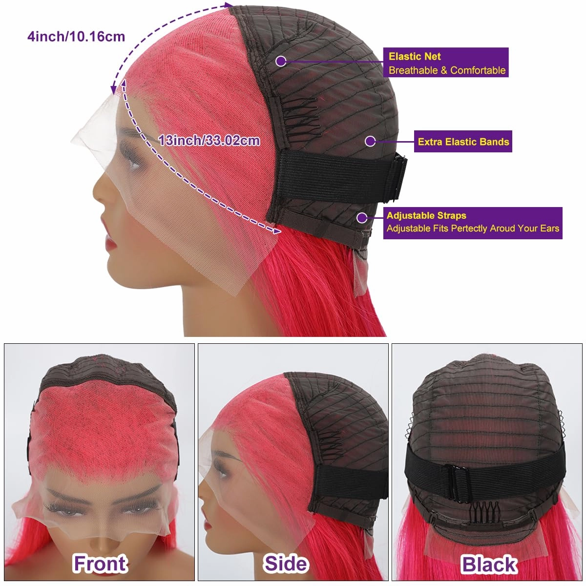 Pink Color Lace Front Short Bob Wigs Pre Plucked Brazilian Straight Human Hair Wigs Hot Pink 13x4 Transparent Lace Frontal Human Hair Wigs Blunt Cut Style For Black Women (Hot pink, 10 inch)