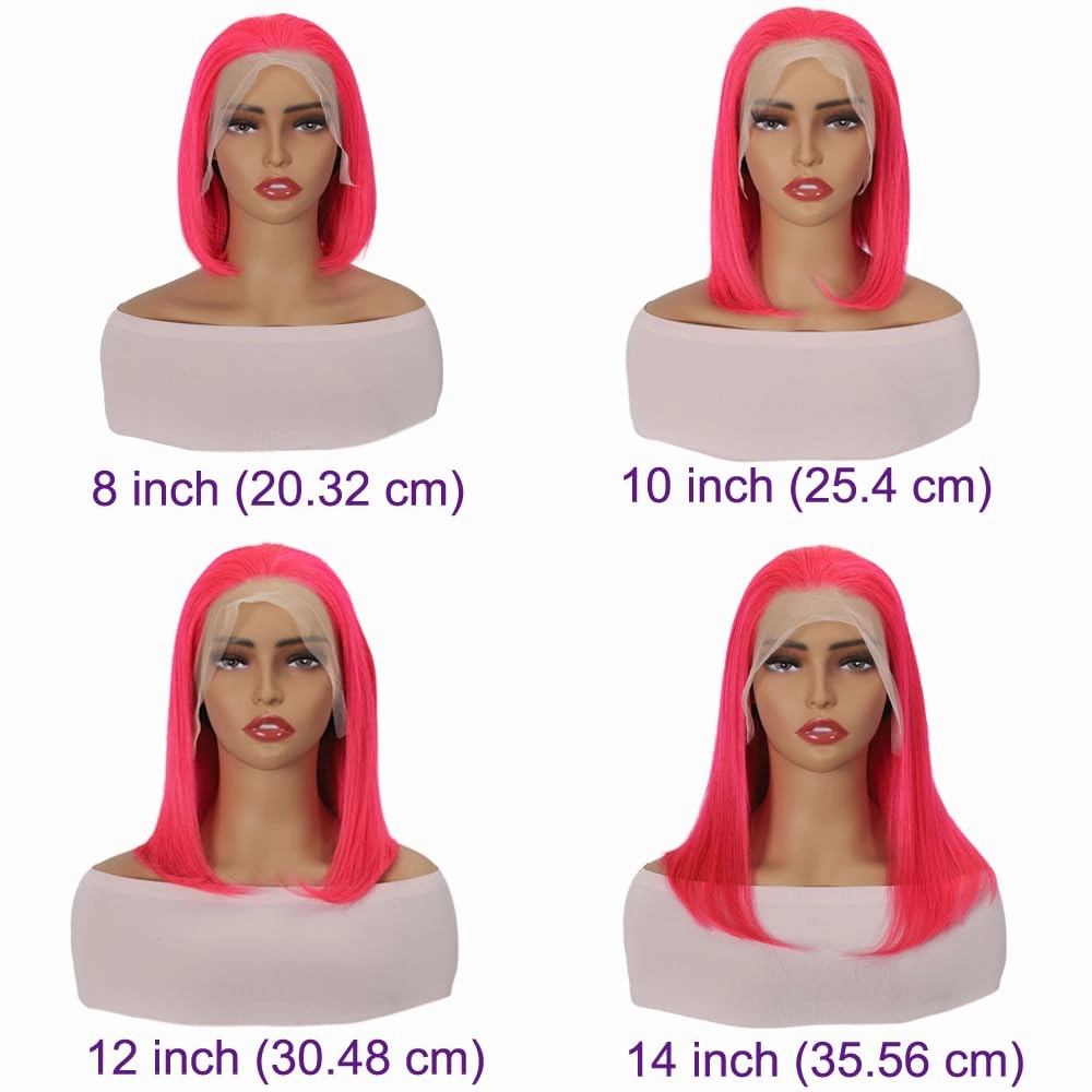 Pink Color Lace Front Short Bob Wigs Pre Plucked Brazilian Straight Human Hair Wigs Hot Pink 13x4 Transparent Lace Frontal Human Hair Wigs Blunt Cut Style For Black Women (Hot pink, 10 inch)