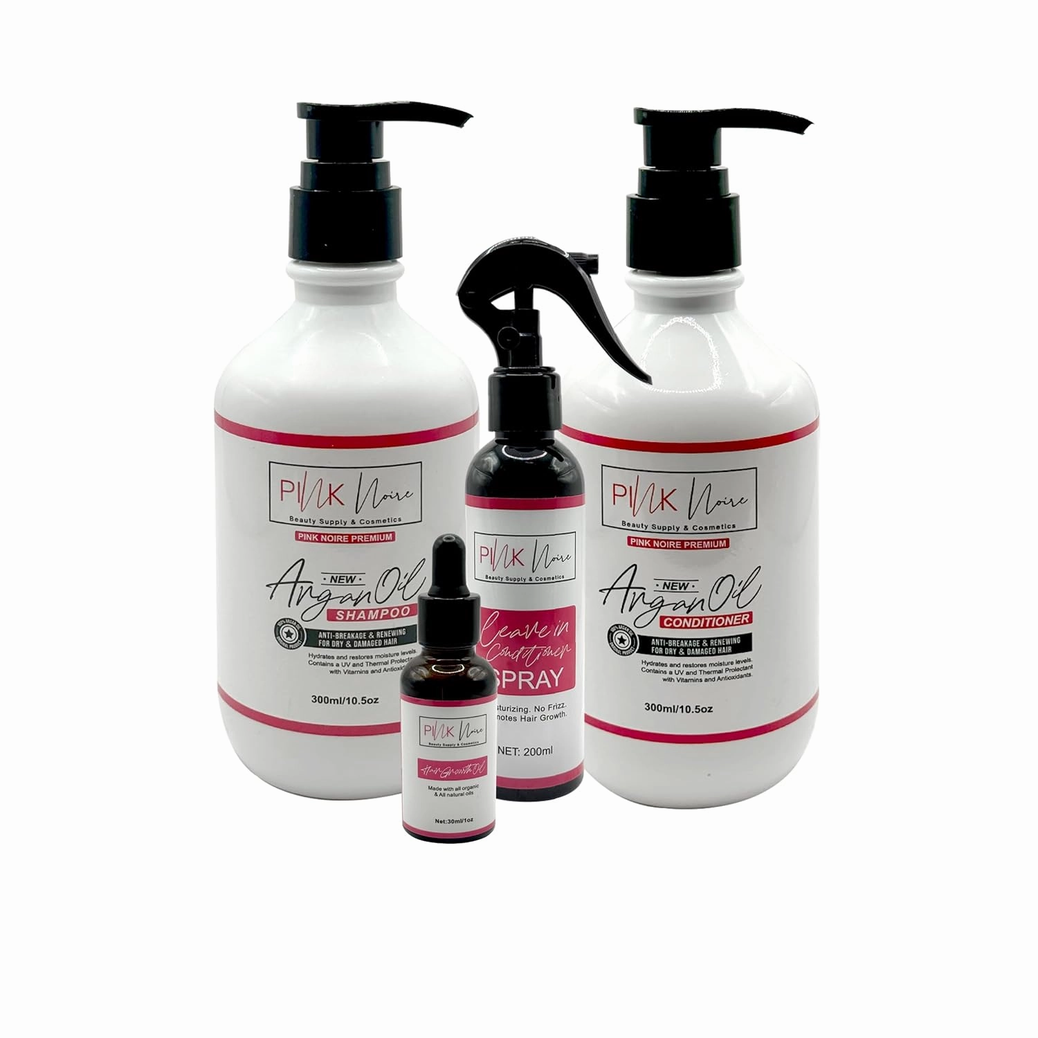 Pink Noire 4-Pack | Shampoo 10.5 fl oz, Conditioner 10.5 fl oz, Leave In Conditioner 7 fl oz, Growth Oil 1 fl oz | Hydrating | Strengthening | Frizz Control | Scalp Care