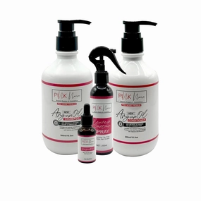 Pink Noire 4-Pack | Shampoo 10.5 fl oz, Conditioner 10.5 fl oz, Leave In Conditioner 7 fl oz, Growth Oil 1 fl oz | Hydrating | Strengthening | Frizz Control | Scalp Care
