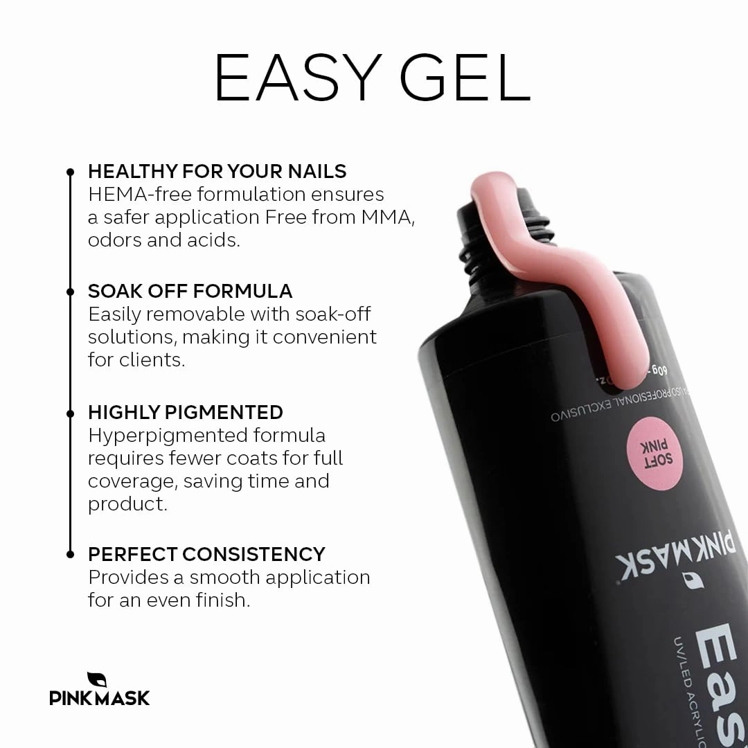 PINKMASK Easy Gel 2oz 60g-Soft Pink, Professional Builder Enhancement Gel-Quick Nail Extension for Beginner DIY, Nail Strengthener-Long Lasting-Salon Quality-Thickening Solution