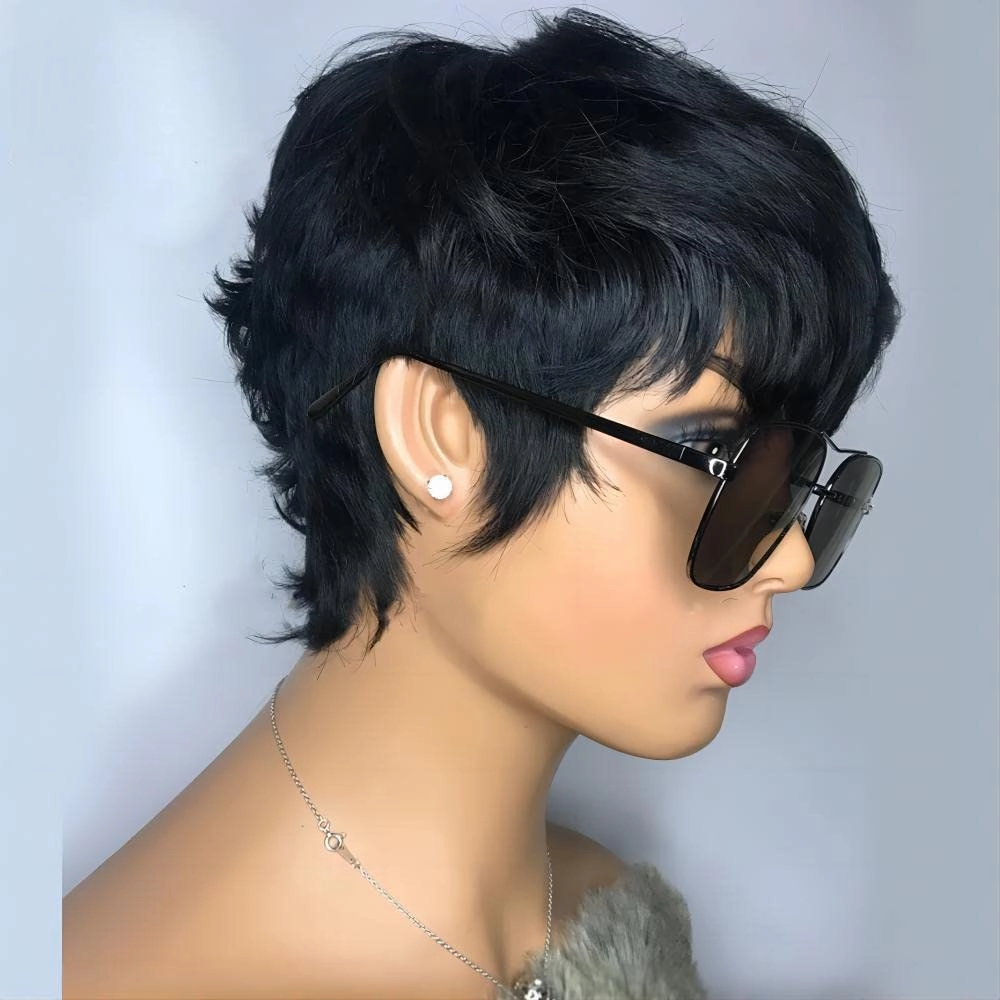 Pixie Cut Wigs for Black Women Short Bob Wig Human Hair Glueless Wig with Bangs None Lace Front Wig Full Machine Made Wig Black Color (1B-2)