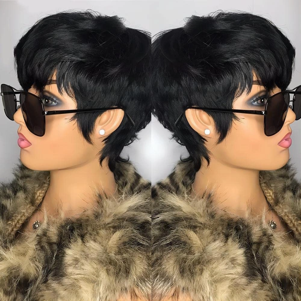 Pixie Cut Wigs for Black Women Short Bob Wig Human Hair Glueless Wig with Bangs None Lace Front Wig Full Machine Made Wig Black Color (1B-2)
