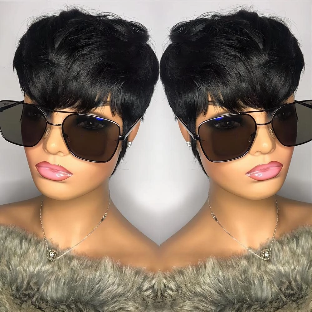 Pixie Cut Wigs for Black Women Short Bob Wig Human Hair Glueless Wig with Bangs None Lace Front Wig Full Machine Made Wig Black Color (1B-2)