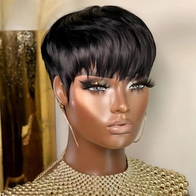 Pixie Cut Wigs for Black Women Short Bob Wig Human Hair Glueless Wig with Bangs None Lace Front Wig Full Machine Made Wig Black Color (1B-2)
